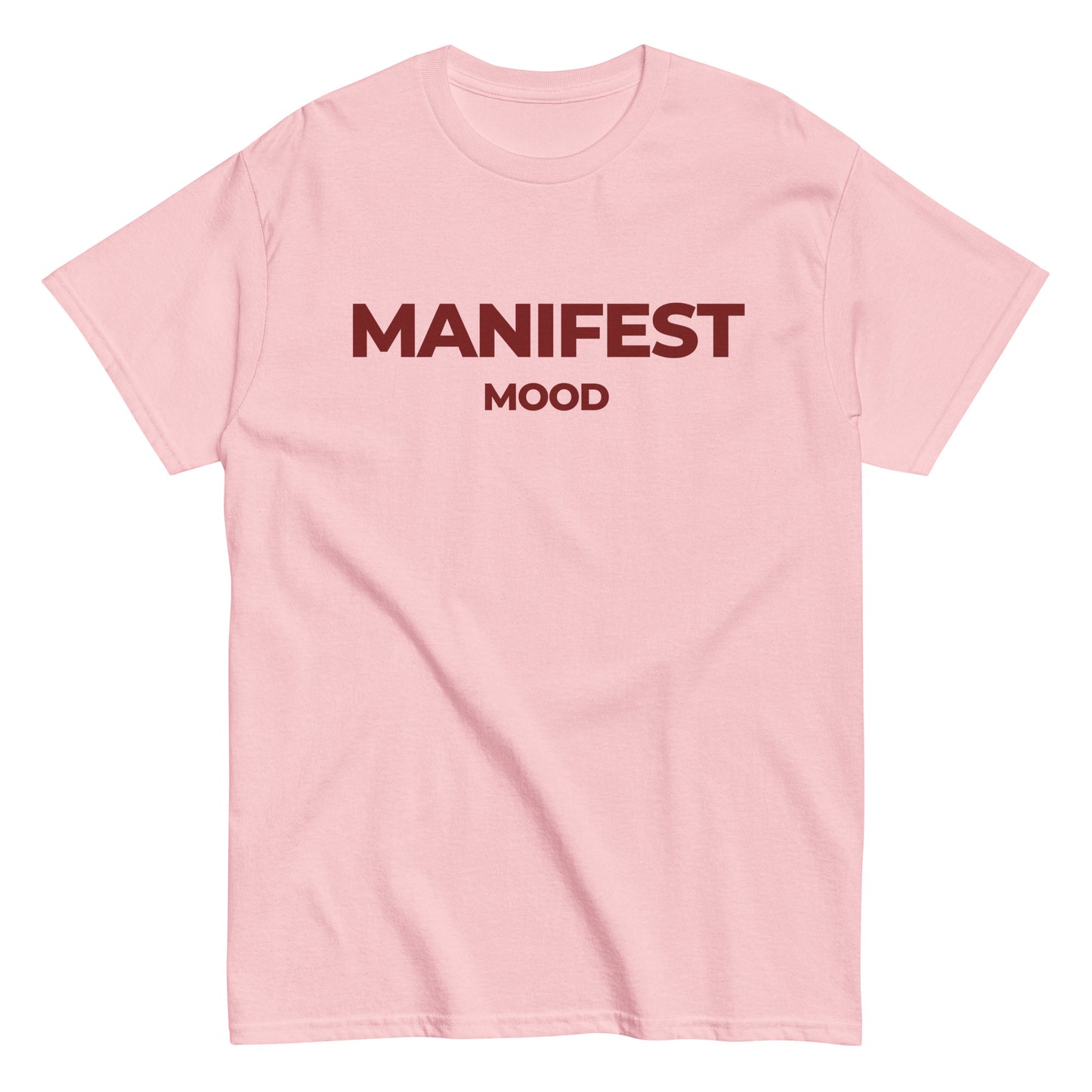 Pink Manifest Mood T-Shirt with eye-catching red text, perfect for entrepreneurs manifesting their dreams.