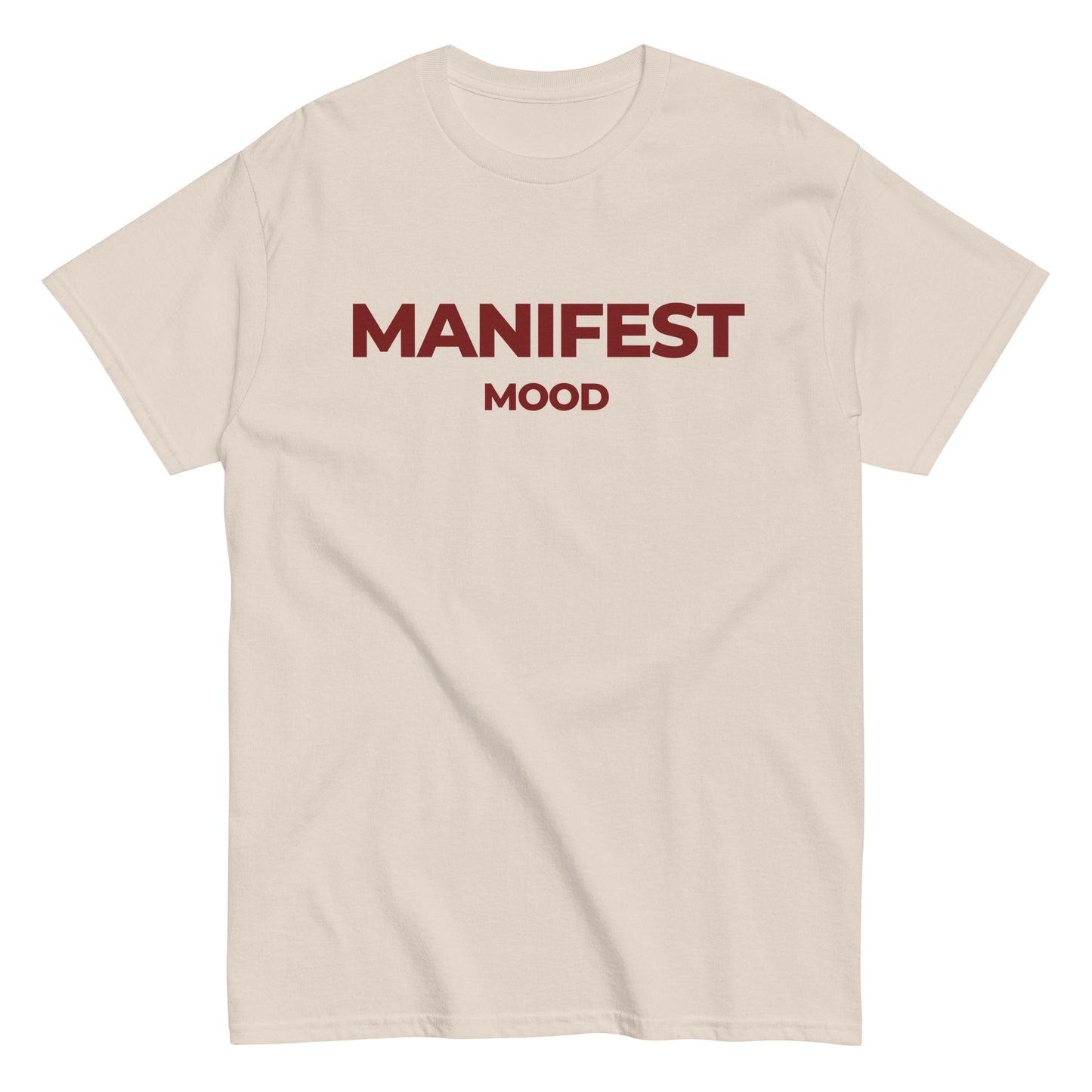 Tan Manifest Mood T-Shirt with bold red lettering, a stylish and motivational tee for entrepreneurs