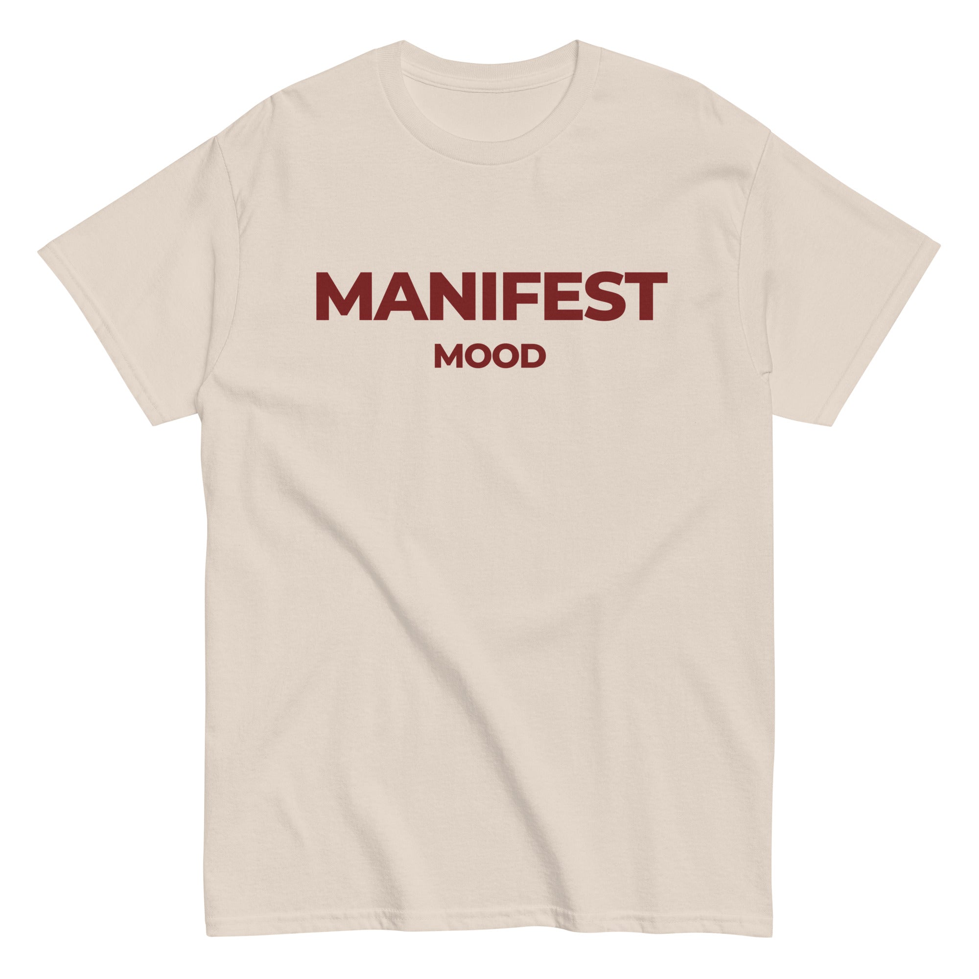 Tan Manifest Mood T-Shirt with bold red lettering, a stylish and motivational tee for entrepreneurs