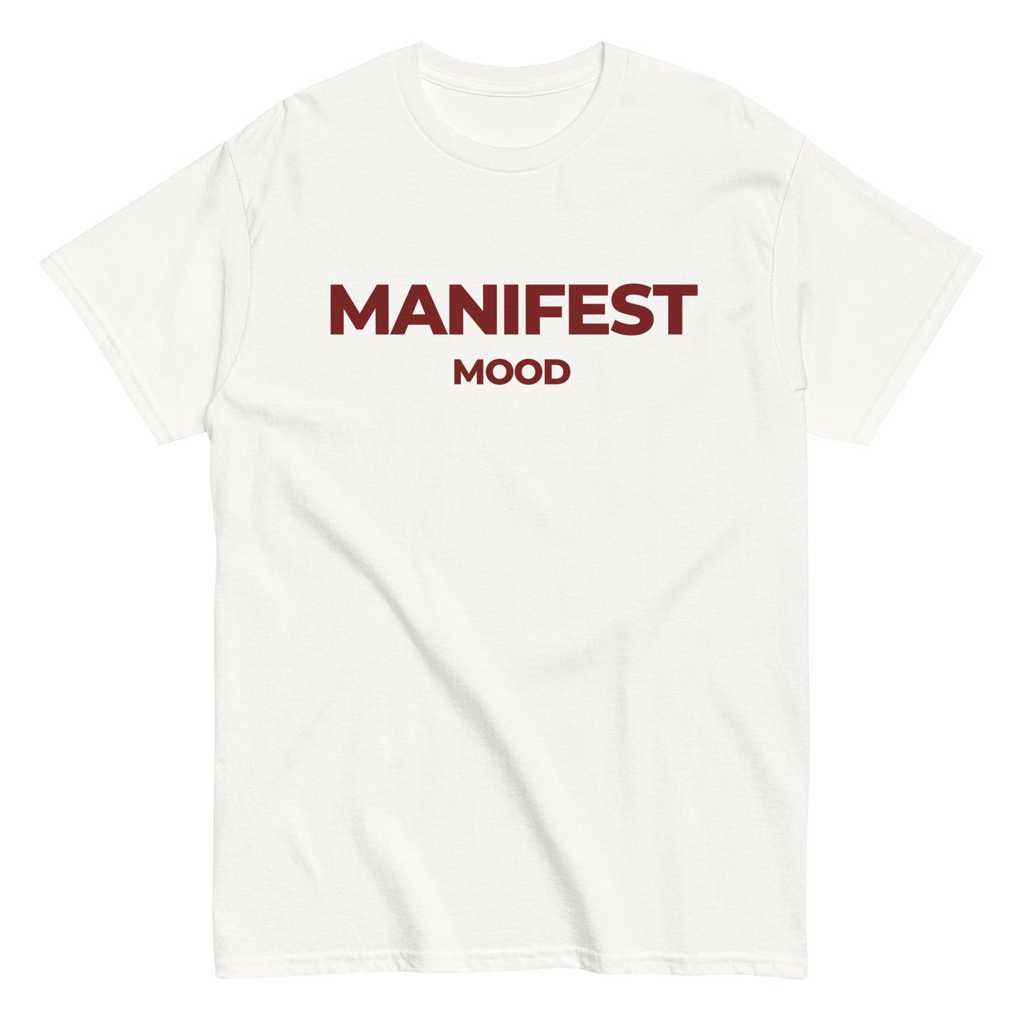 White Manifest Mood T-Shirt with bold red lettering, a clean and classic look for entrepreneurs