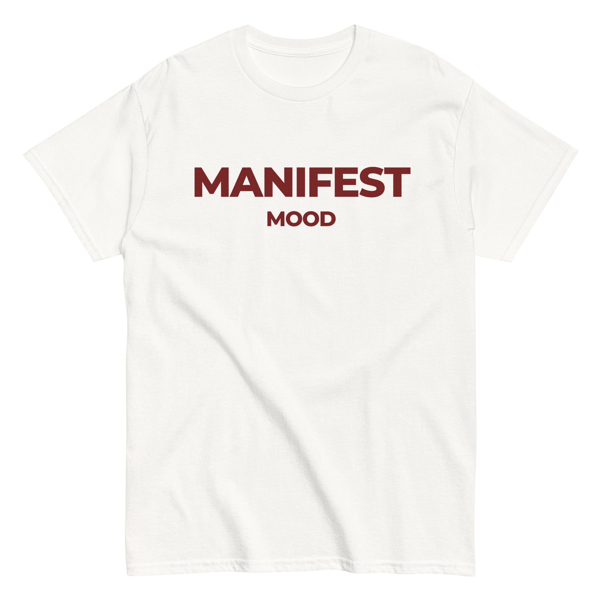 White Manifest Mood T-Shirt with bold red lettering, a clean and classic look for entrepreneurs