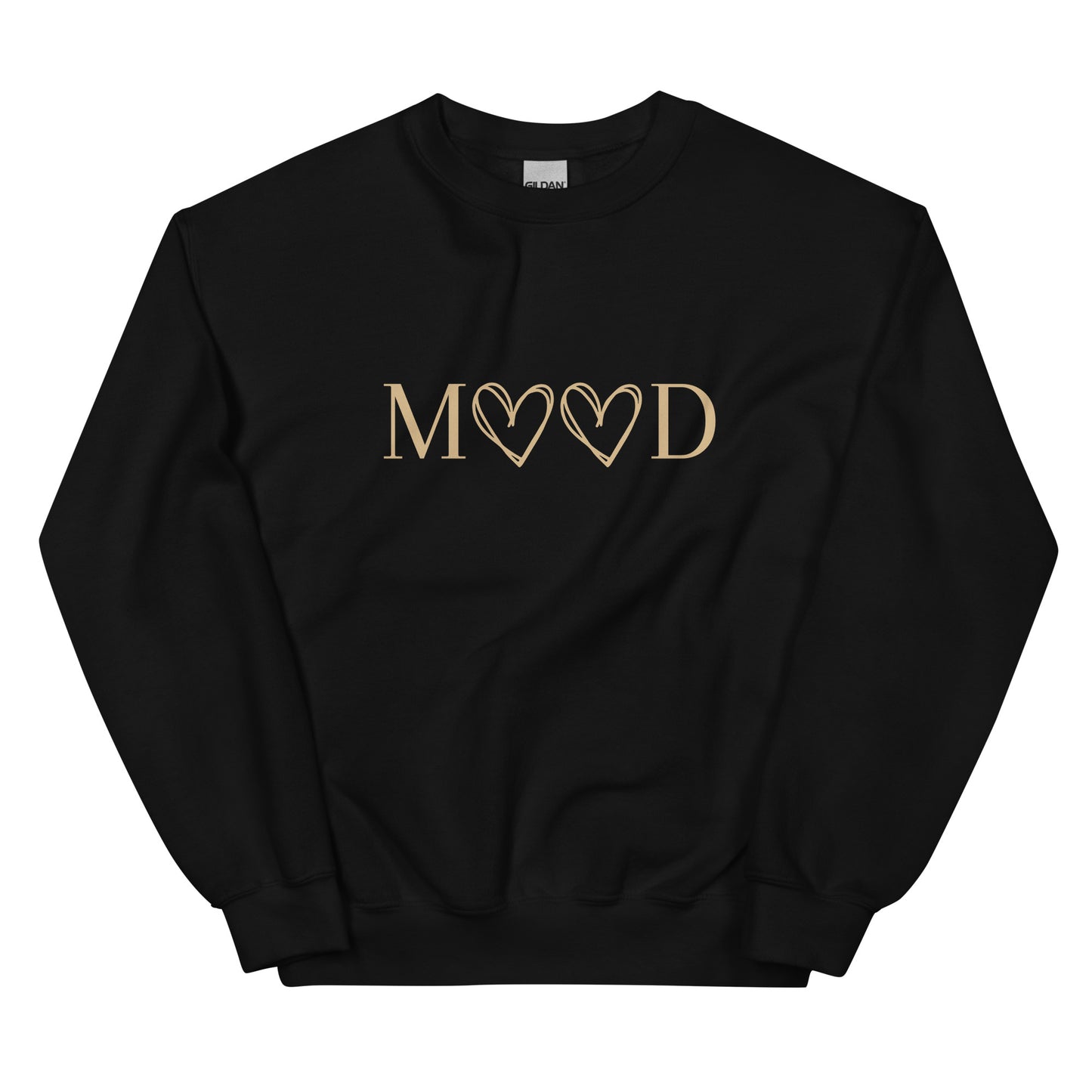 MOOD Self-Love Sweatshirt in black with beige lettering, a cozy and stylish pullover symbolizing self-love, confidence, and empowerment