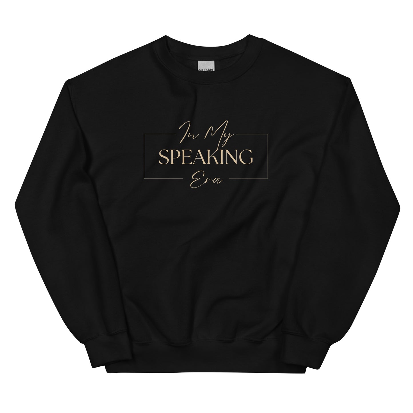 In My Speaking Era Sweatshirt in navy blue with beige lettering, a stylish and comfortable statement piece for public speakers and professionals.