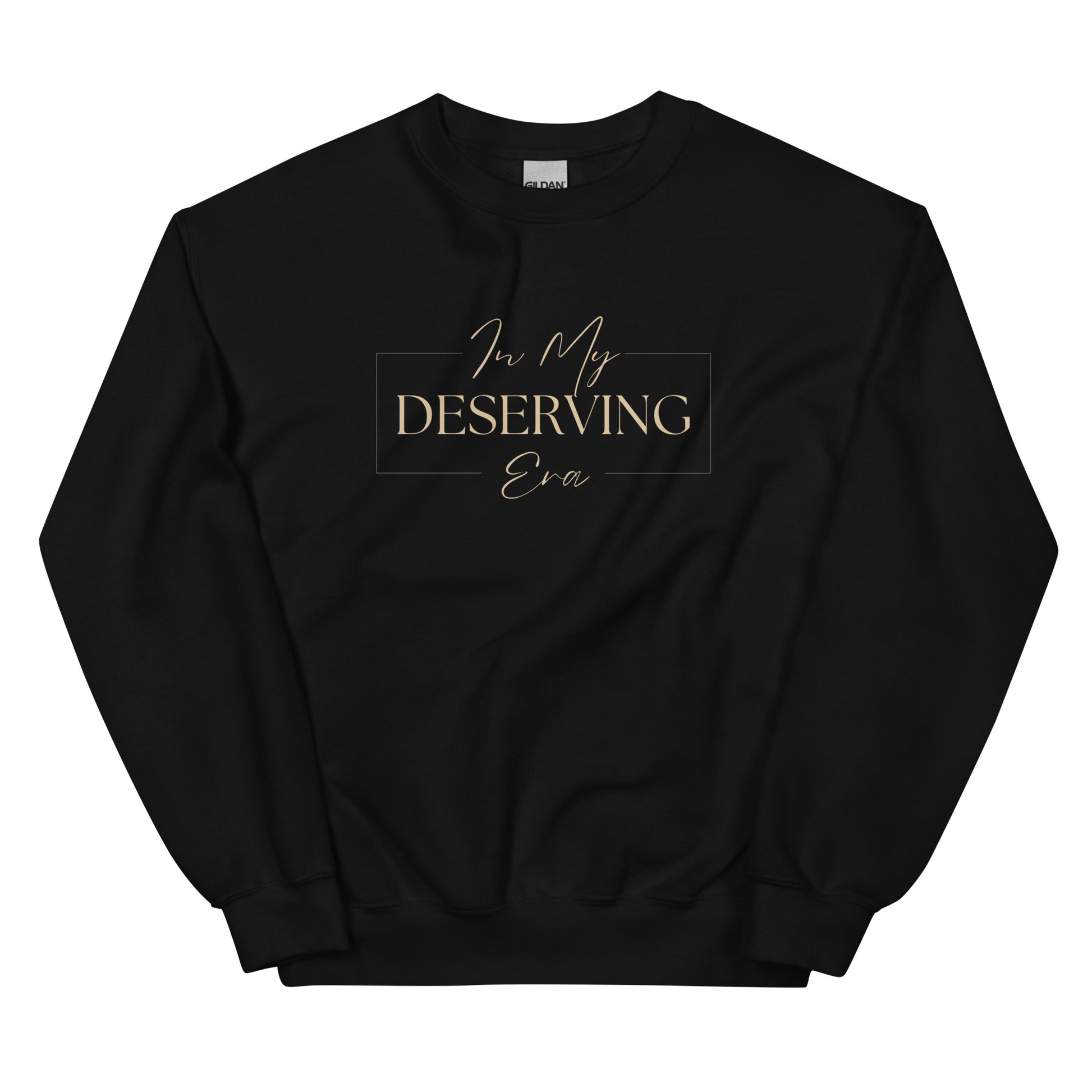 In My Deserving Era Sweatshirt in black with beige lettering, a cozy and empowering pullover for self-worth and confidence.