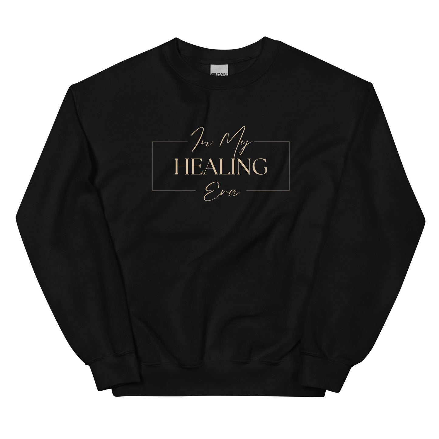 In My Healing Era Sweatshirt in black with beige lettering, a cozy and empowering pullover for self-care and transformation.