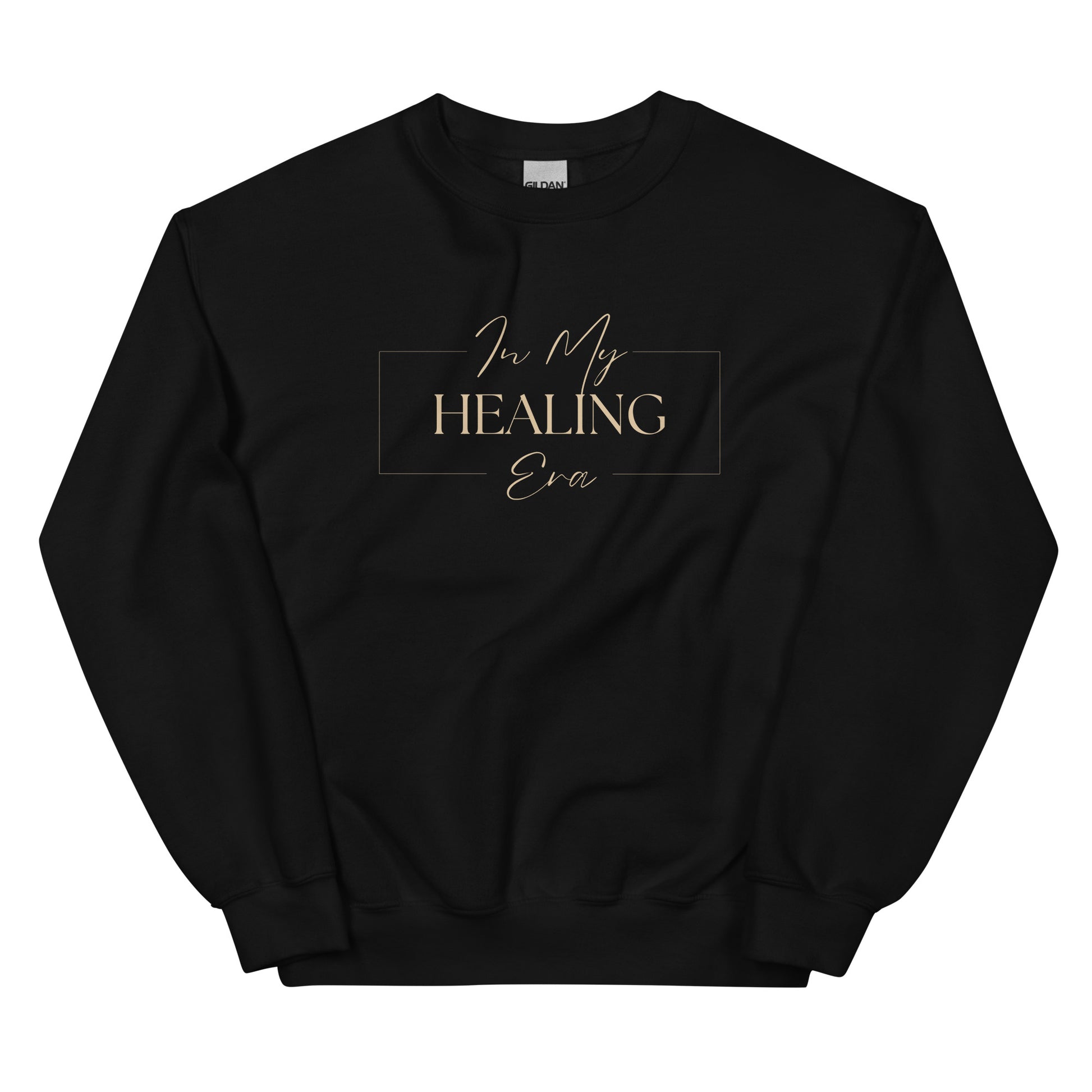 In My Healing Era Sweatshirt in black with beige lettering, a cozy and empowering pullover for self-care and transformation.