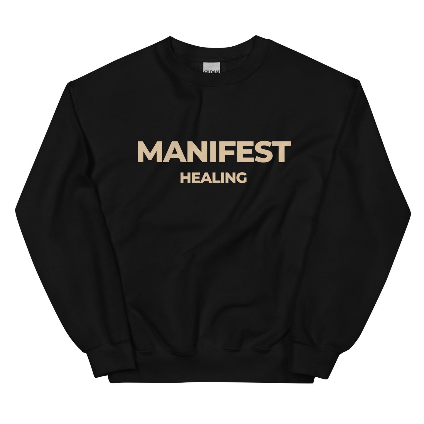 Manifest Healing Sweatshirt in black with beige lettering, a cozy and stylish pullover for self-care and personal growth.