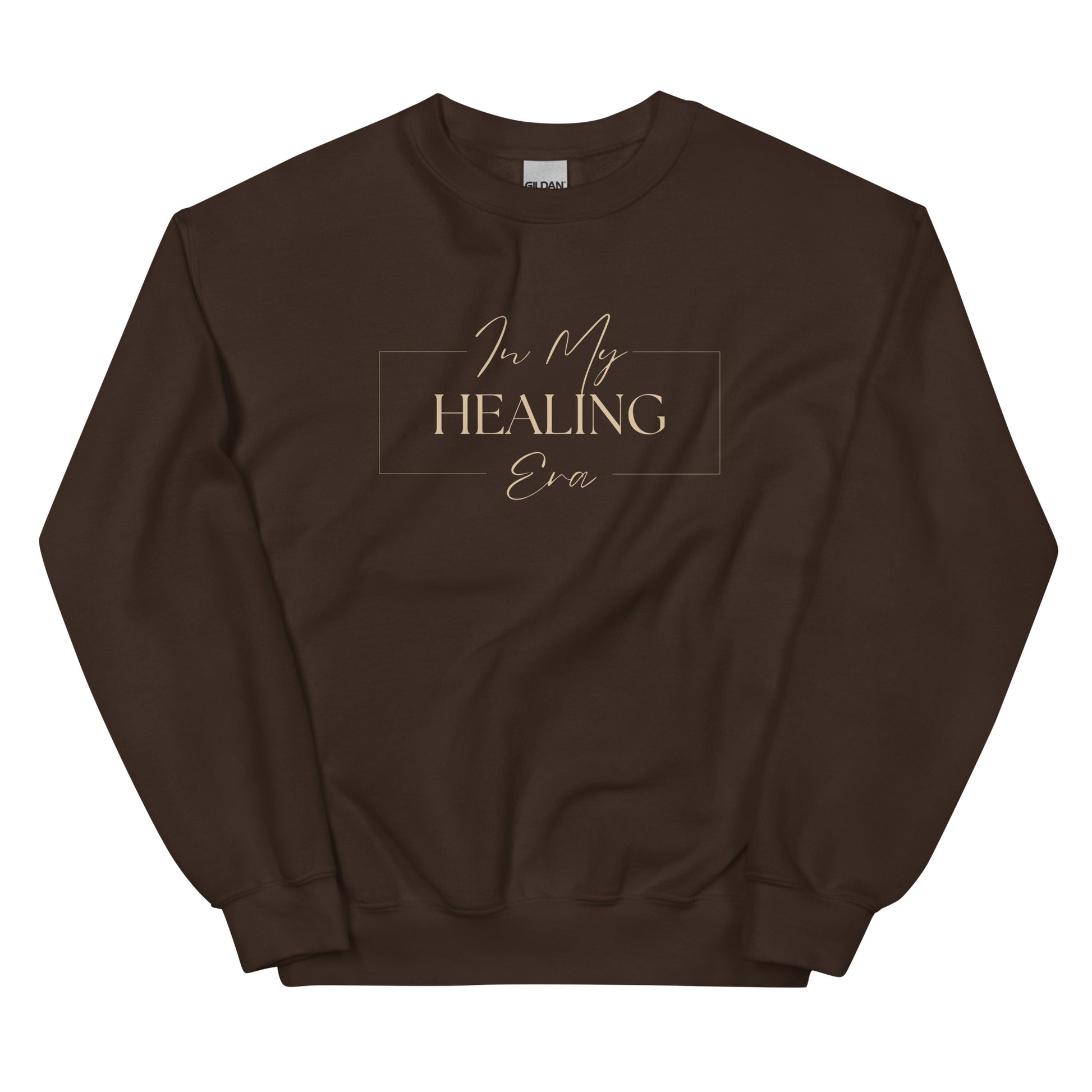 In My Healing Era Sweatshirt in brown with beige lettering, designed for warmth and mindfulness in your healing journey.