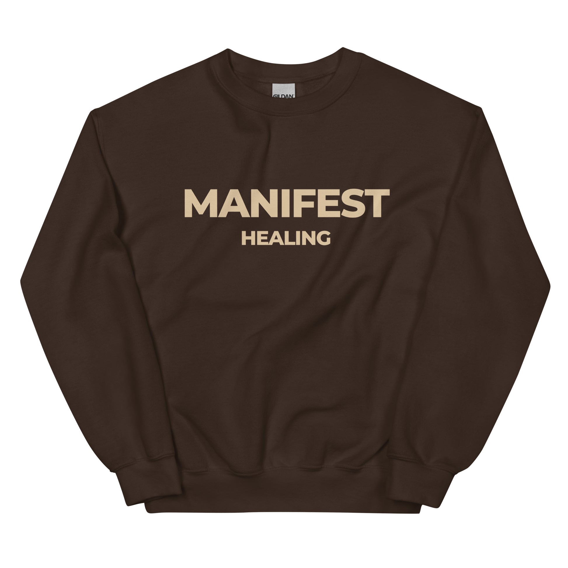 Manifest Healing Sweatshirt in brown with beige lettering, a warm and earthy pullover for mindfulness and manifestation.