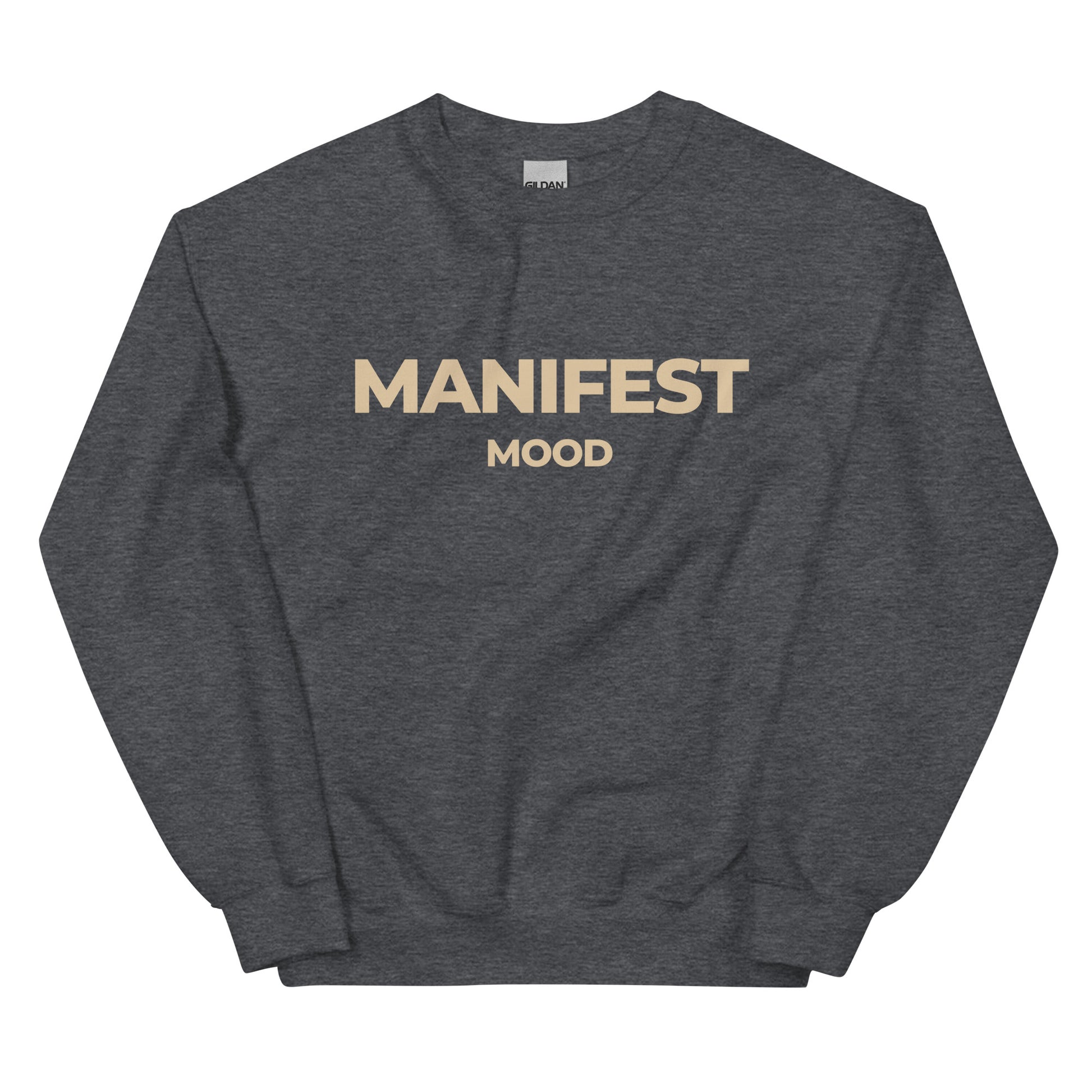 Manifest Mood T-Shirt in grey with beige lettering, a fashionable and inspiring tee for those focused on success and intention.