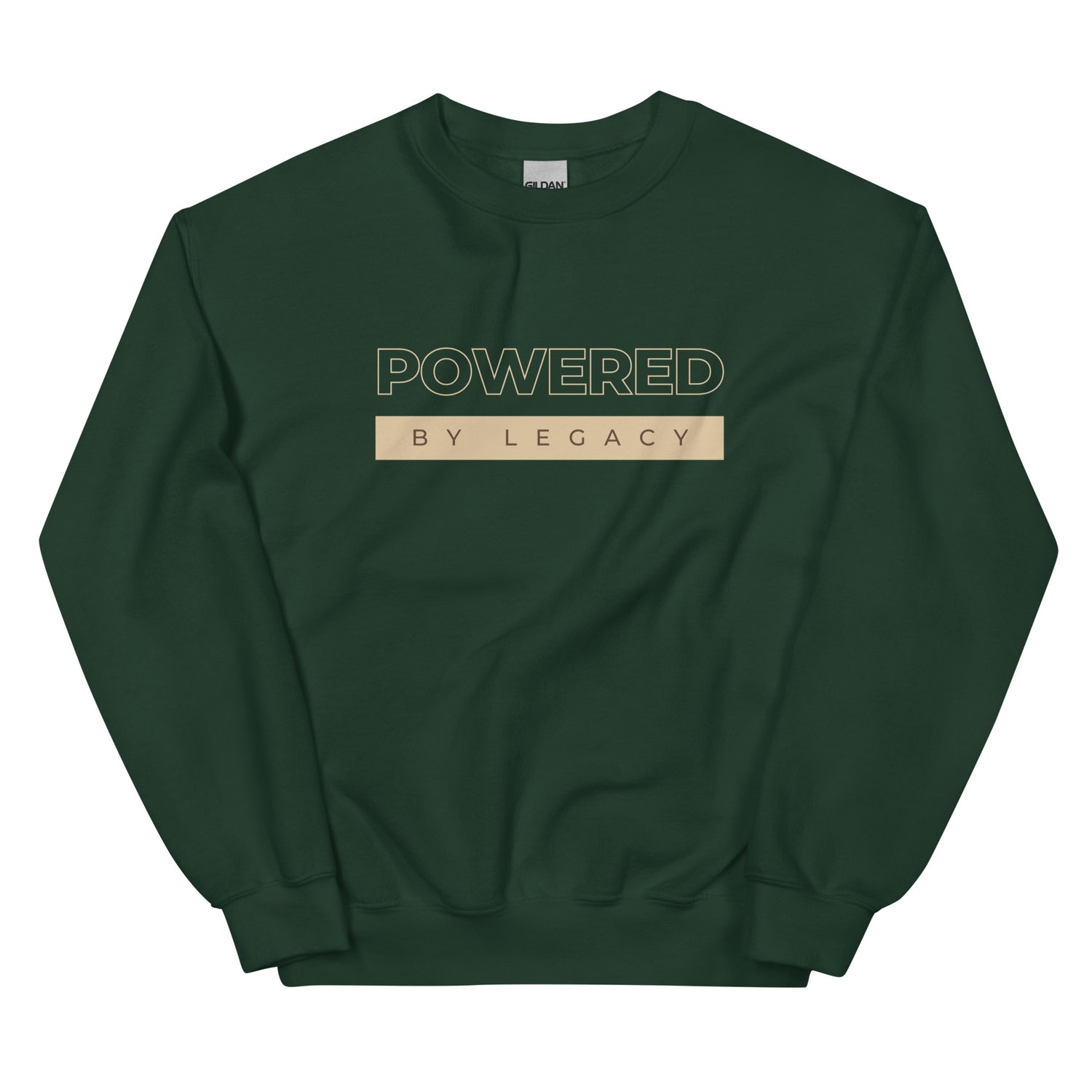 Powered by Legacy Sweatshirt in forest green with beige lettering, a stylish and cozy pullover for legacy builders and entrepreneurs.