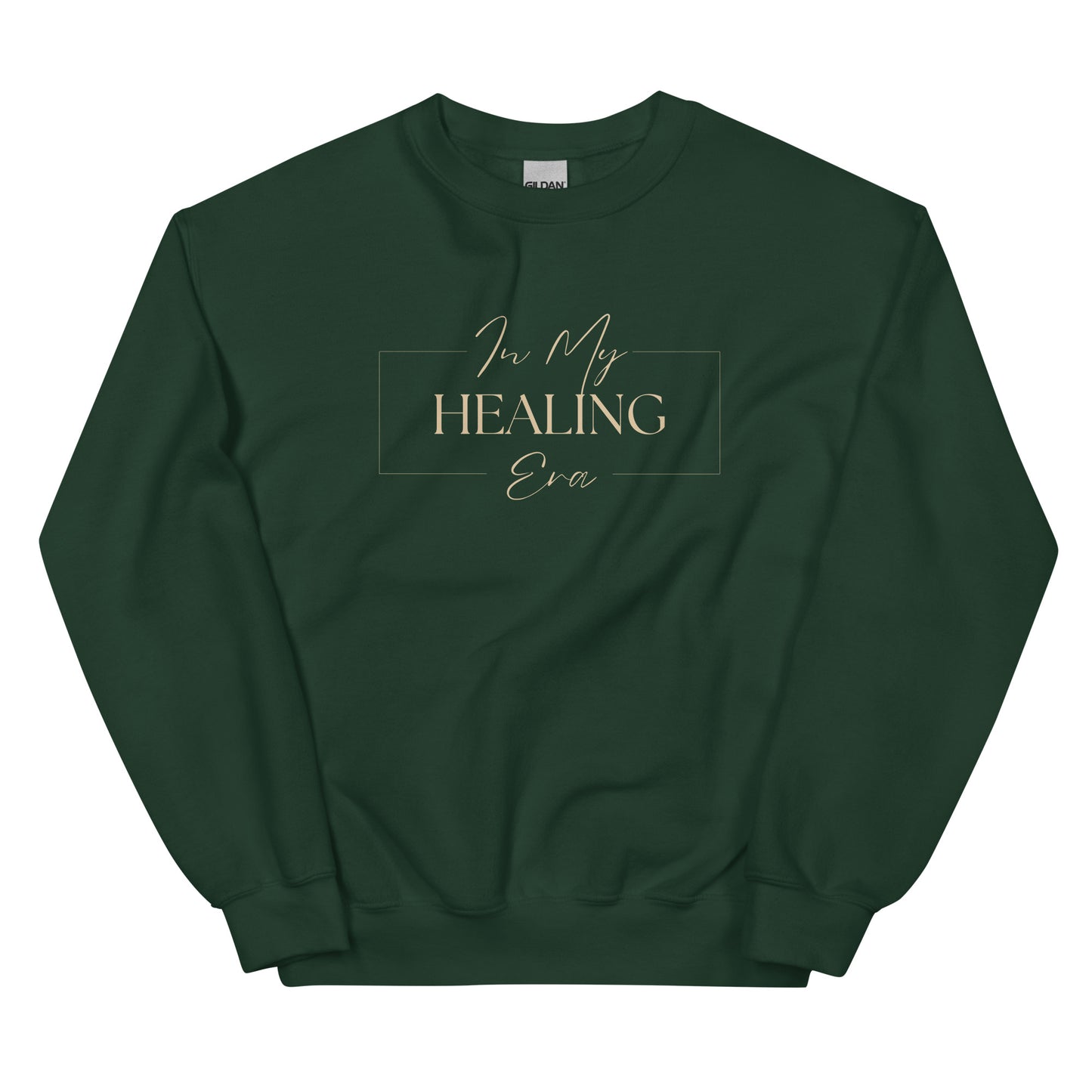 In My Healing Era Sweatshirt in forest green with beige lettering, a grounding and cozy pullover for self-reflection and manifestation.