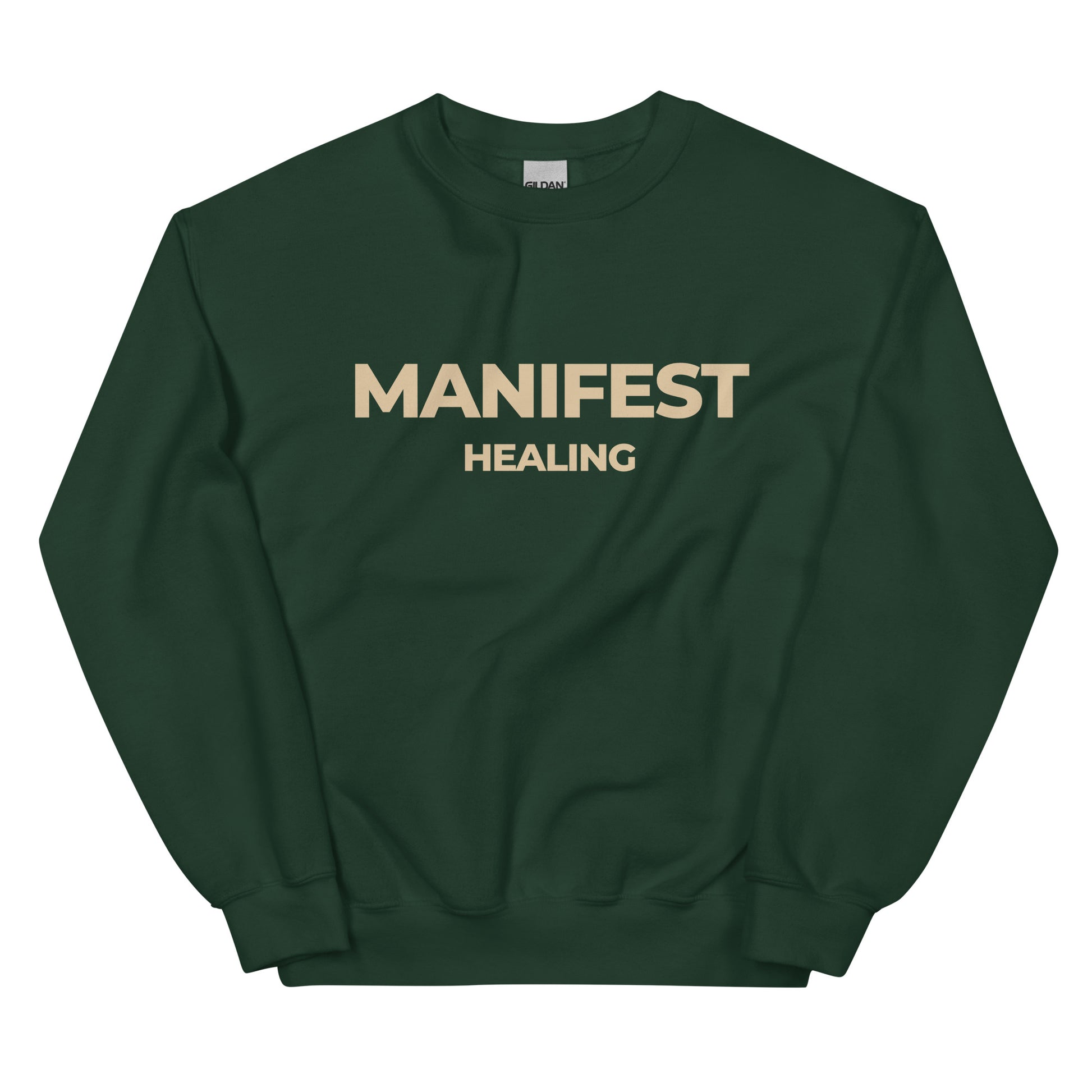 Manifest Healing Sweatshirt in forest green with beige lettering, a stylish and comfortable pullover for grounding energy.