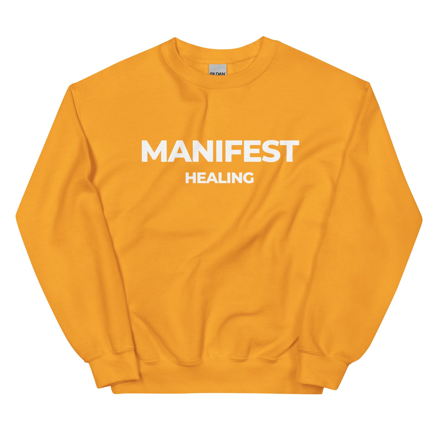 Manifest Healing Sweatshirt in bright yellow with white lettering, an empowering and uplifting statement piece for healing and manifestation.