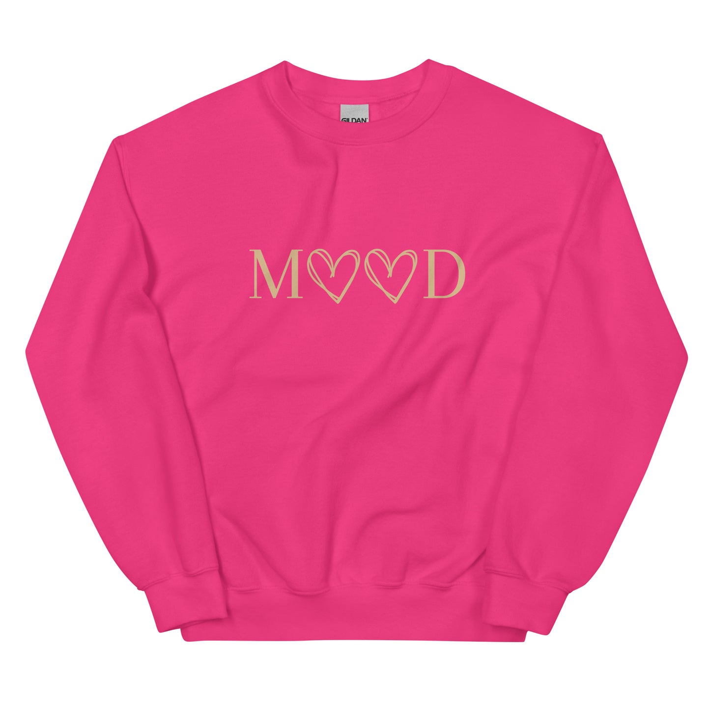 MOOD Self-Love Sweatshirt in fuchsia with beige lettering, a vibrant and stylish pullover perfect for spreading love and self-acceptance.