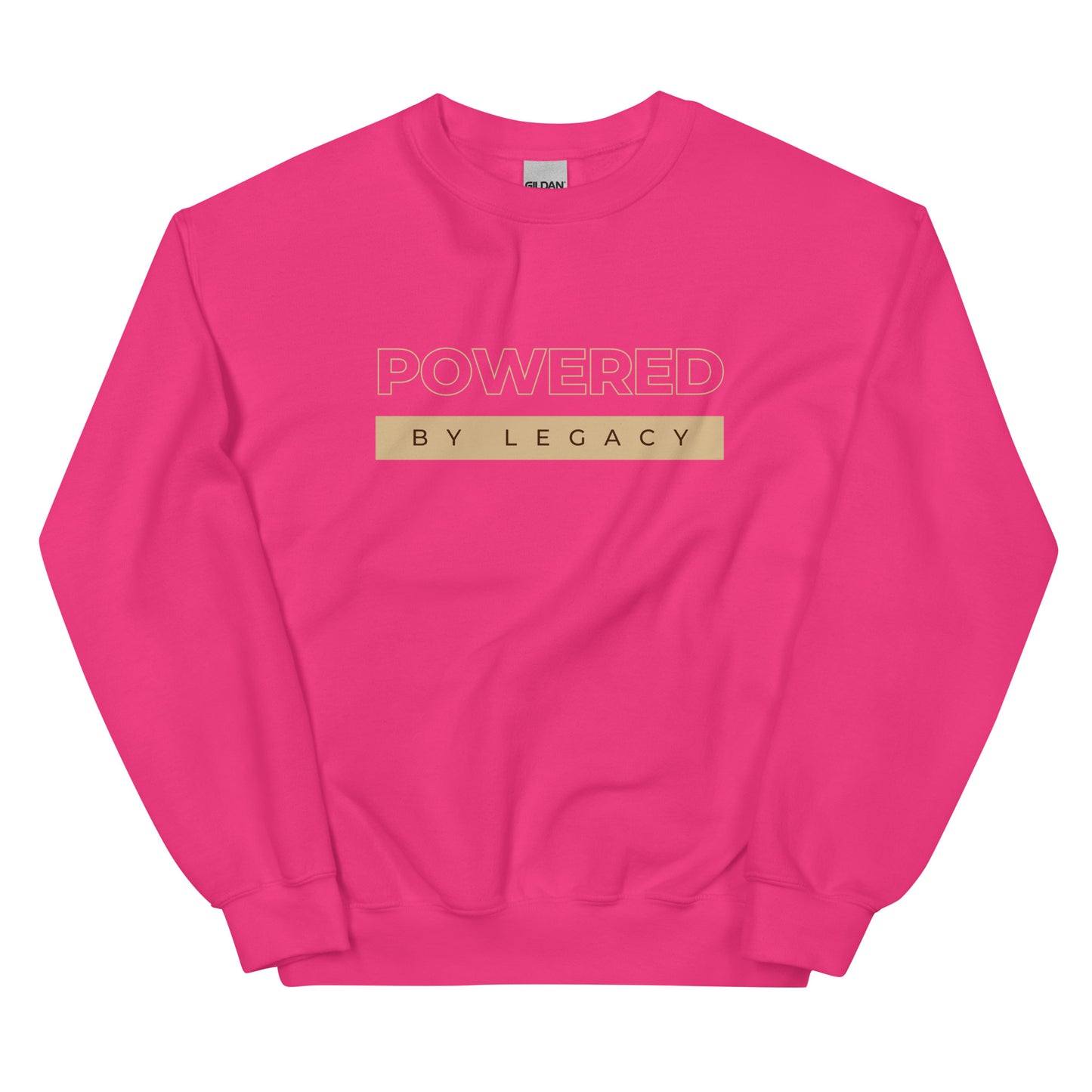 Powered by Legacy Sweatshirt in fuchsia with beige lettering, a vibrant and stylish pullover for game-changers and leaders.