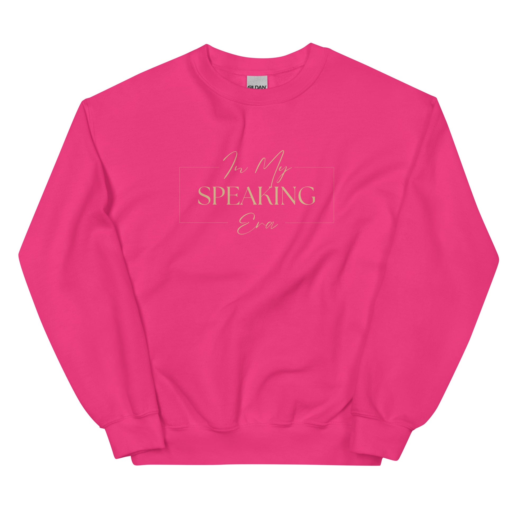 In My Speaking Era Sweatshirt in fuchsia with beige lettering, a vibrant and stylish pullover for motivational speakers and visionaries.