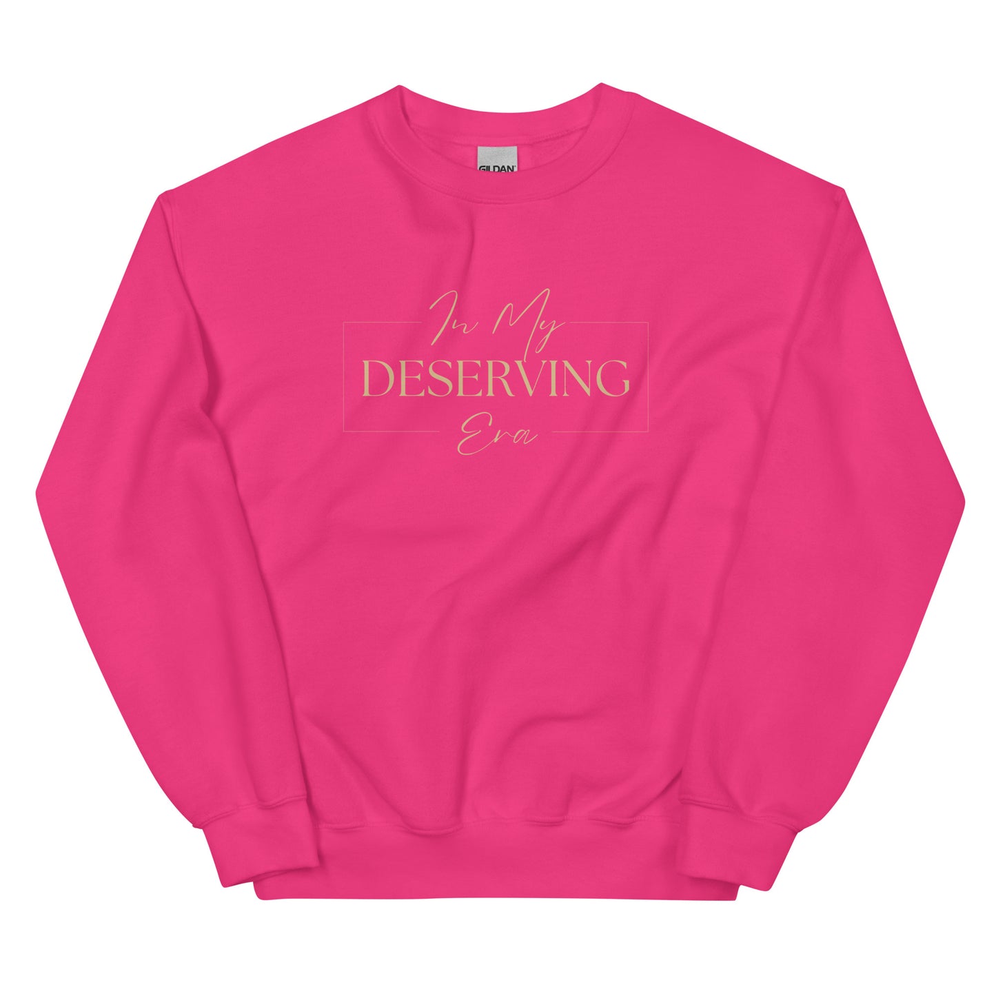 In My Deserving Era Sweatshirt in fuchsia with beige lettering, a vibrant and stylish pullover for those claiming their success.