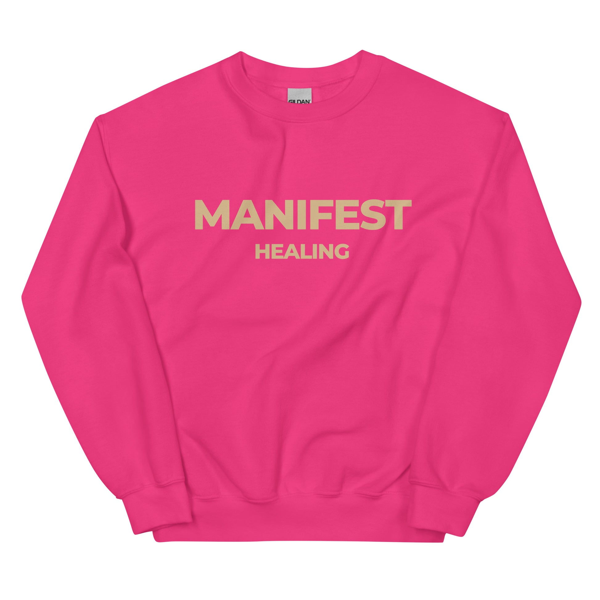 Manifest Healing Sweatshirt in fuchsia with beige lettering, a bold and empowering pullover for self-love and success.