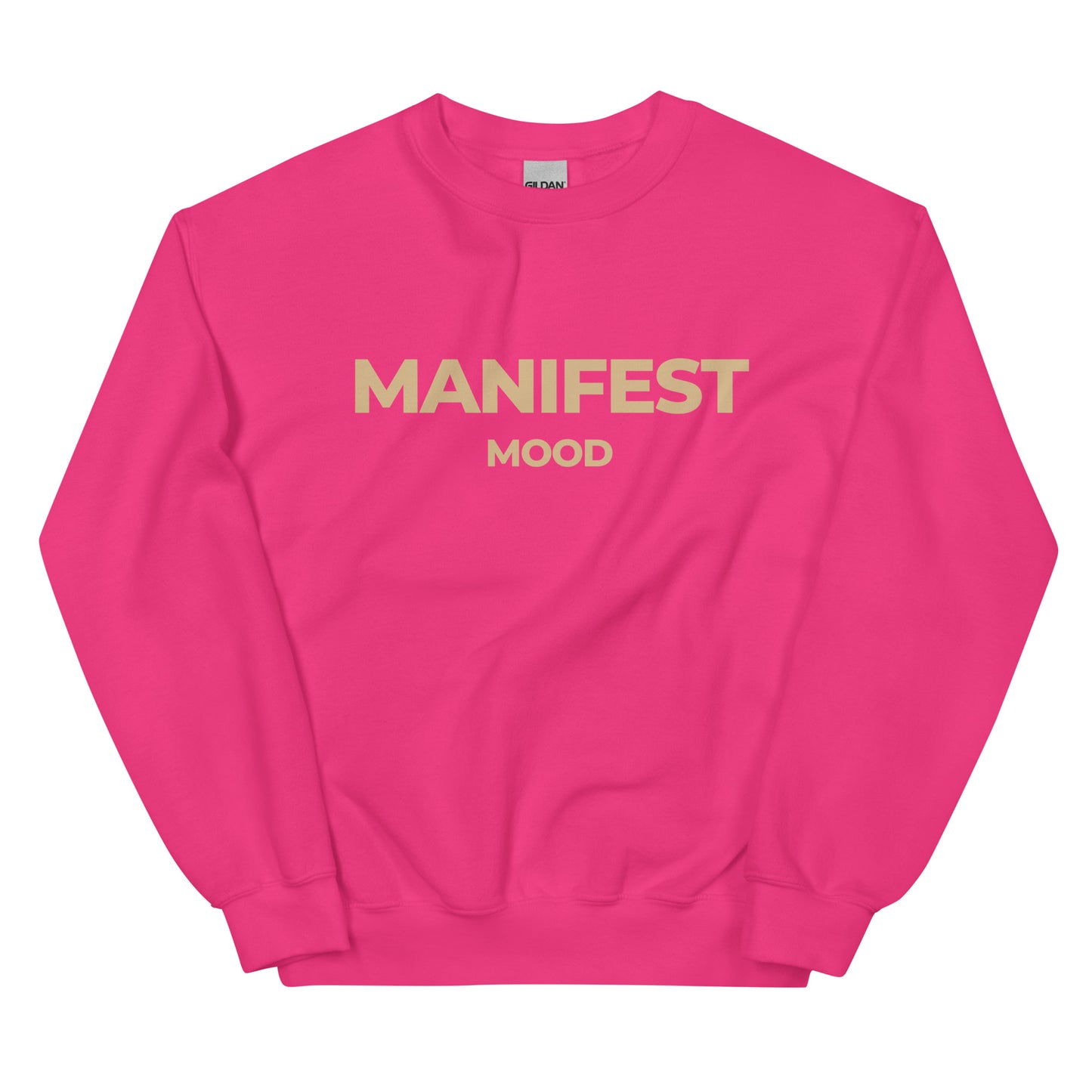 Manifest Mood T-Shirt in fuchsia with beige lettering, a vibrant and stylish tee perfect for high-energy dreamers and doers.