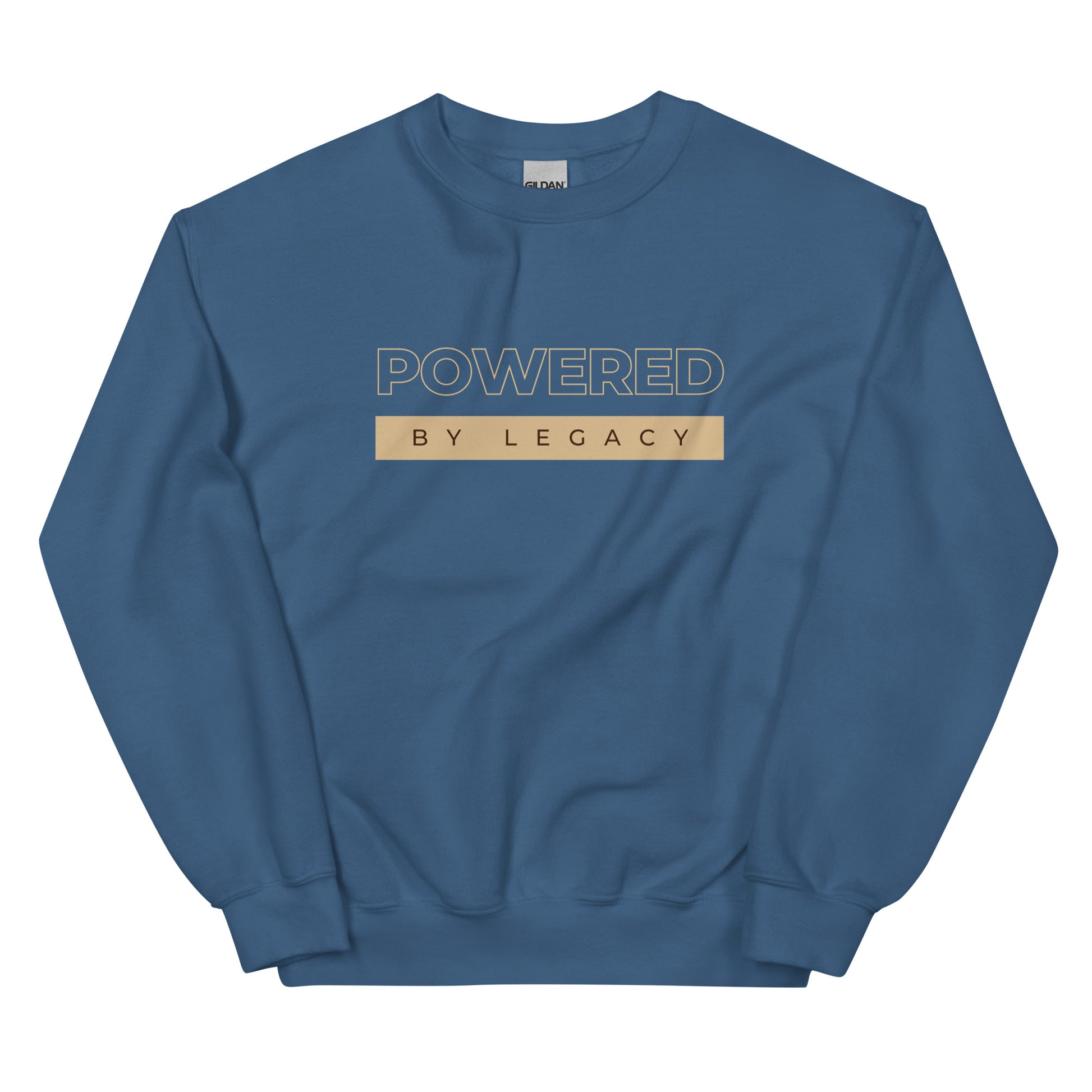 Powered by Legacy Sweatshirt in indigo blue with beige lettering, a deep and empowering pullover for those making history.