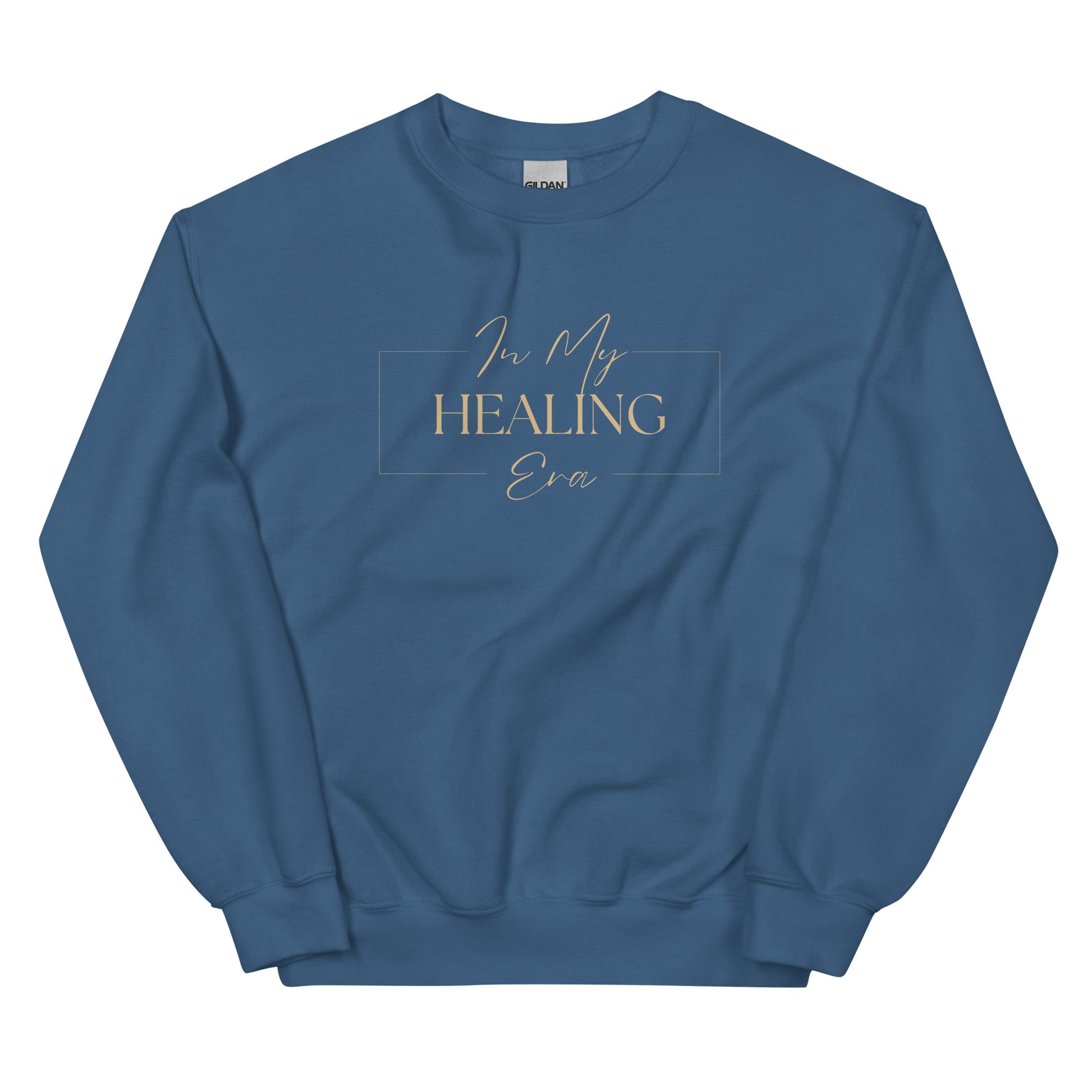 In My Healing Era Sweatshirt in indigo blue with beige lettering, a deep and inspiring pullover for self-discovery and peace.