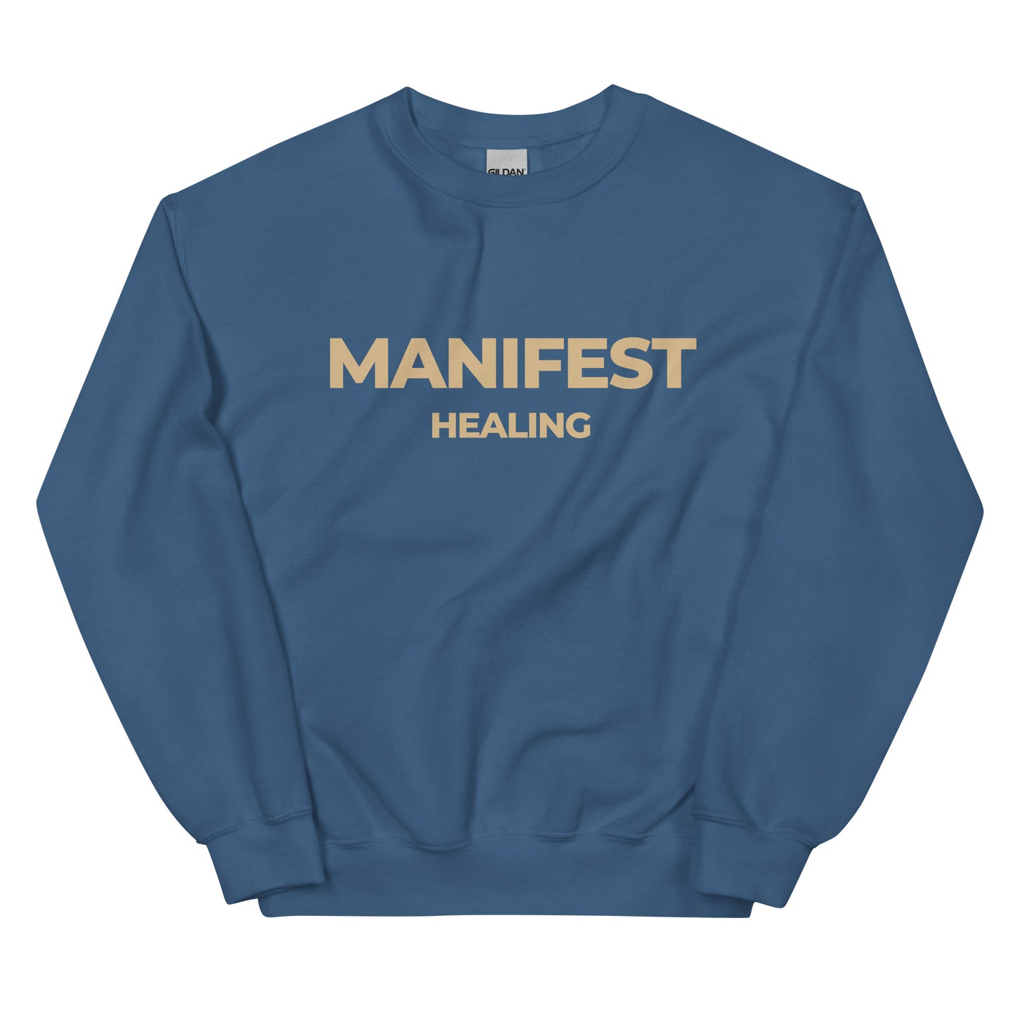 Manifest Healing Sweatshirt in indigo blue with beige lettering, blending style and comfort for those manifesting healing.