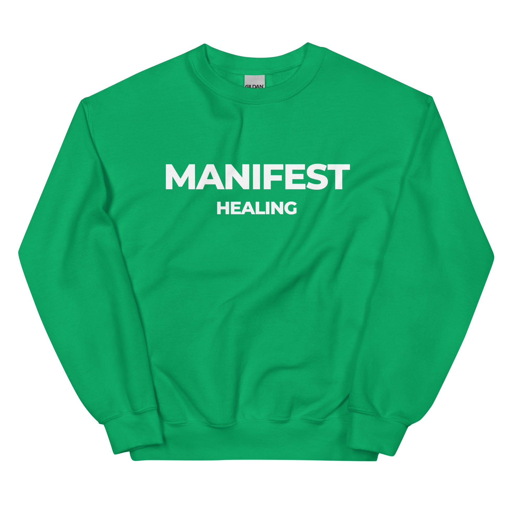 Manifest Healing Sweatshirt in forest green with white lettering, a cozy and stylish pullover for self-care and personal growth.