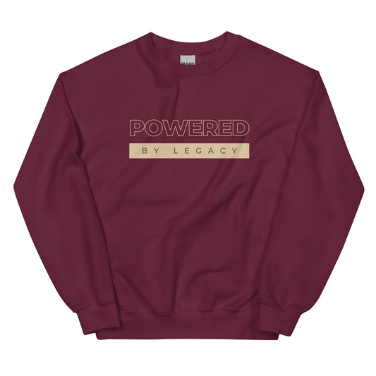 Powered by Legacy Sweatshirt in burgundy with beige lettering, a powerful pullover designed for those shaping the future with intention.