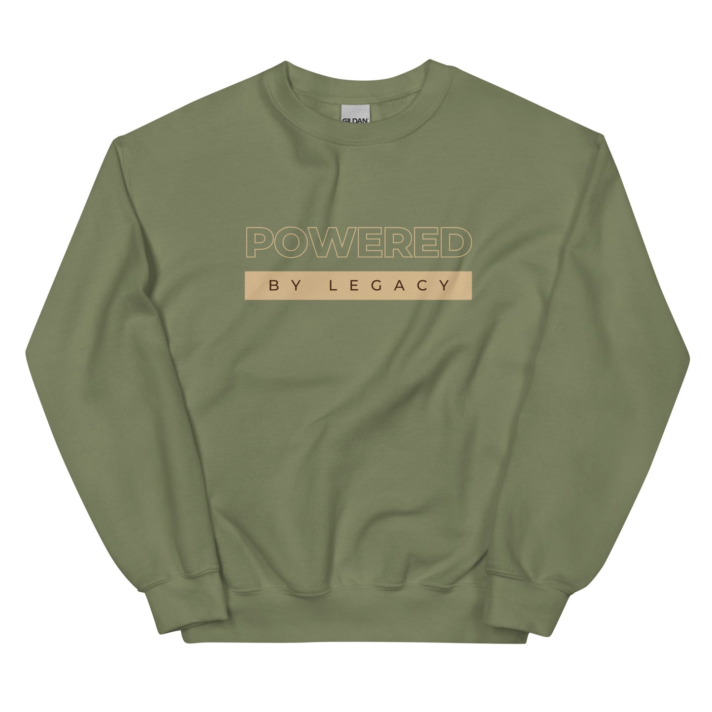 Powered by Legacy Sweatshirt in army green with beige lettering, a rugged yet cozy statement piece for legacy-driven entrepreneurs.