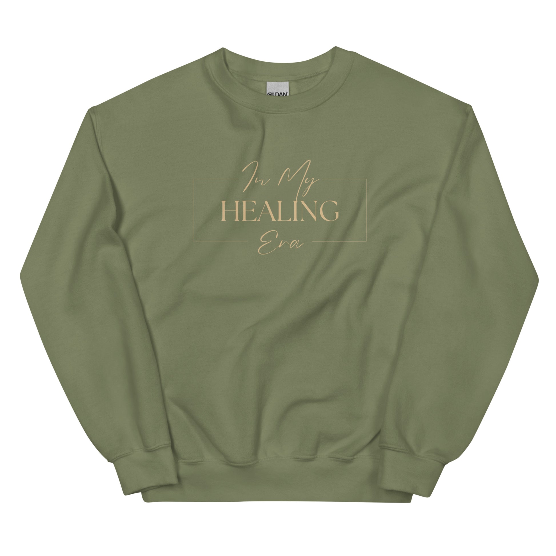 In My Healing Era Sweatshirt in army green with beige lettering, a rugged yet cozy statement piece for mindfulness and healing.