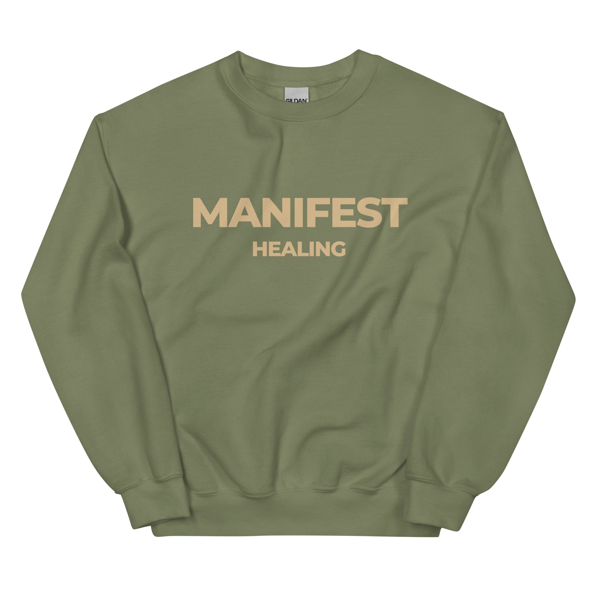 Manifest Healing Sweatshirt in army green with beige lettering, perfect for a relaxed yet powerful mindset.