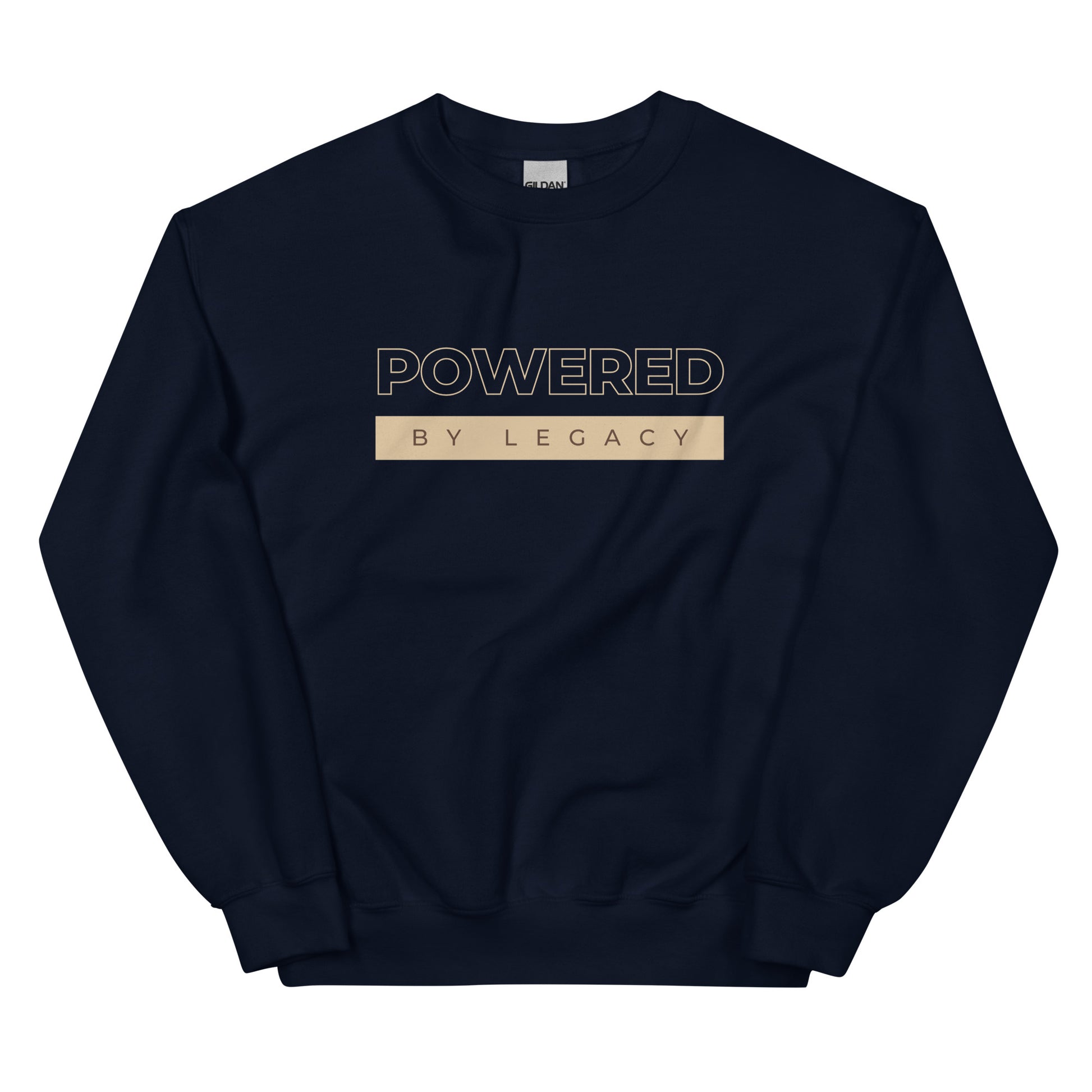 Powered by Legacy Sweatshirt in navy blue with beige lettering, a stylish and comfortable statement piece for those building generational success.