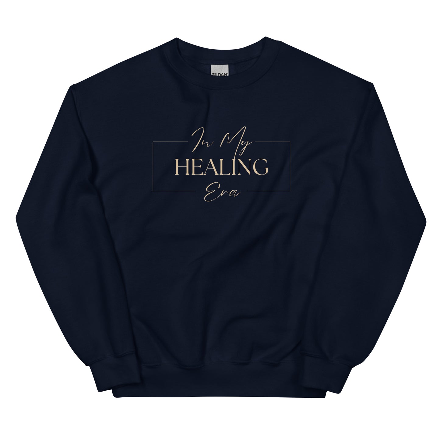 In My Healing Era Sweatshirt in navy blue with beige lettering, a stylish and comfortable statement piece for healing and growth.