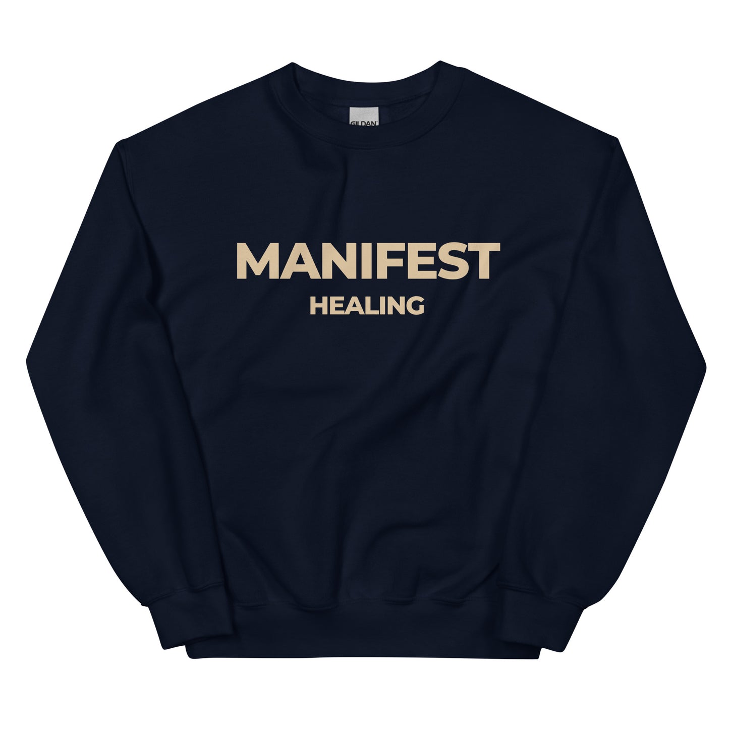 Manifest Healing Sweatshirt in navy blue with beige lettering, designed for comfort and inspiration