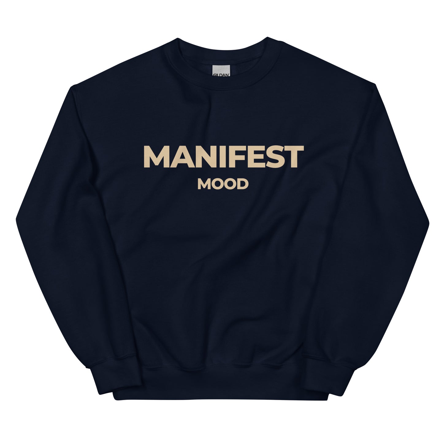 Manifest Mood T-Shirt in navy blue with beige lettering, a motivational and empowering tee designed for visionaries and dreamers.