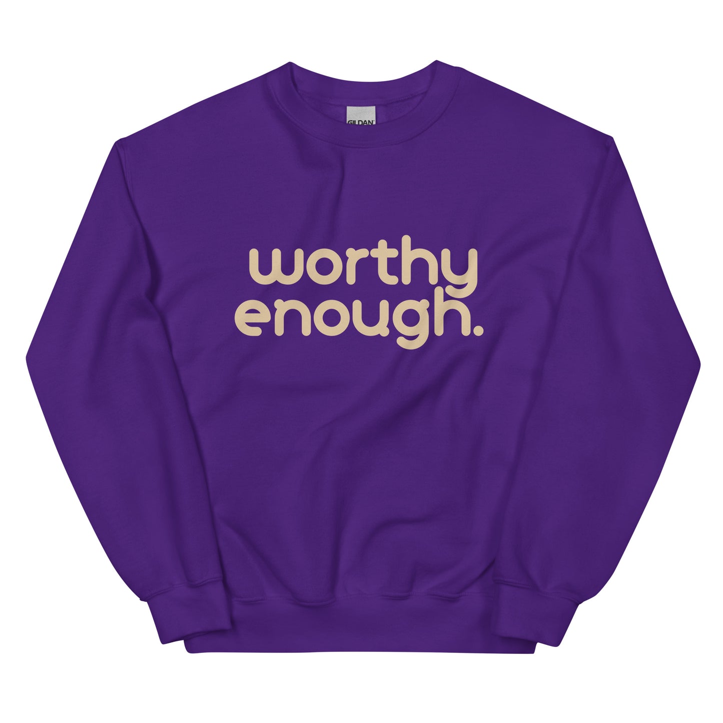 Worthy Enough Sweatshirt in deep purple with beige lettering, a bold and cozy piece for confidence and self-validation.