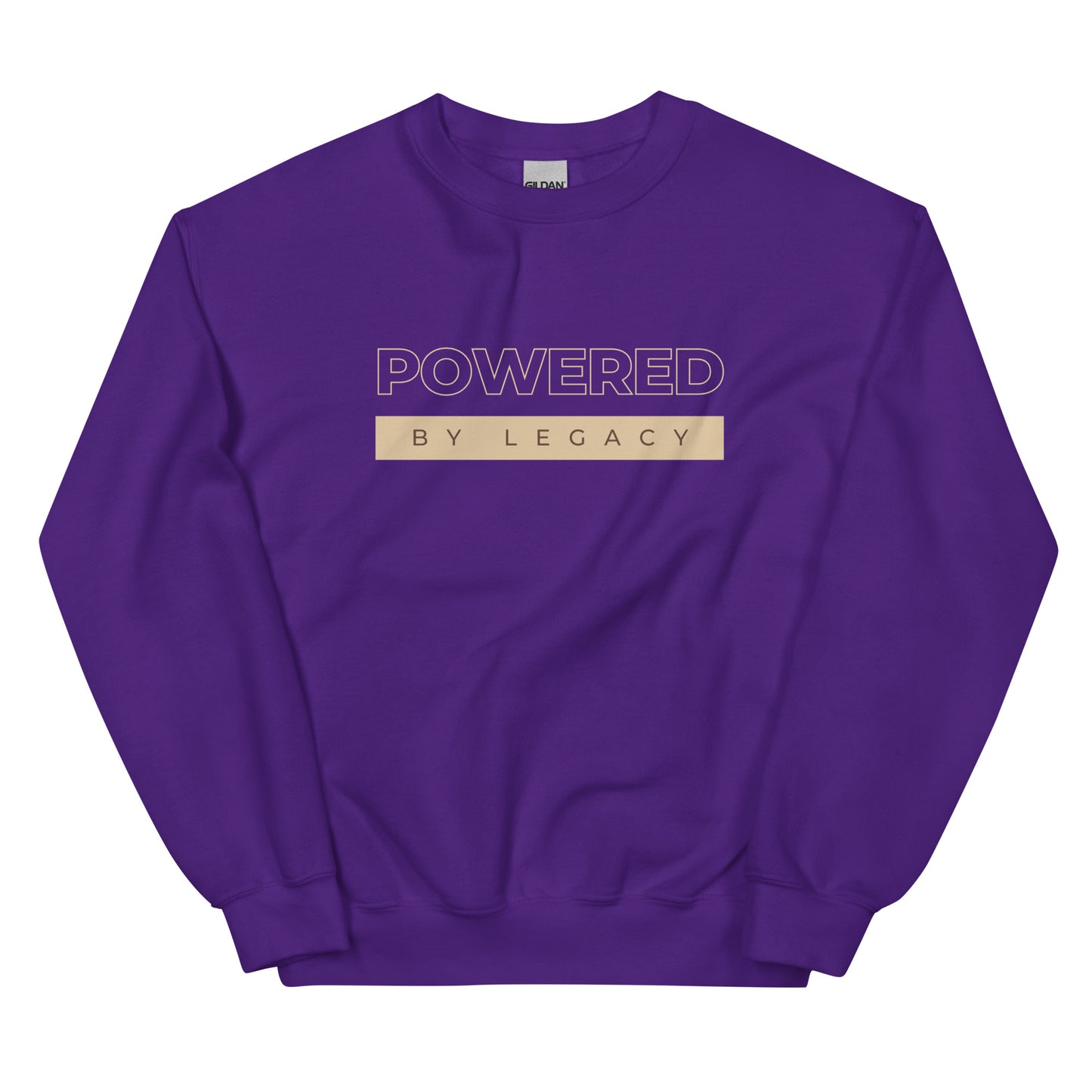 Powered by Legacy Sweatshirt in deep purple with beige lettering, a bold and cozy piece for visionaries creating long-term influence.