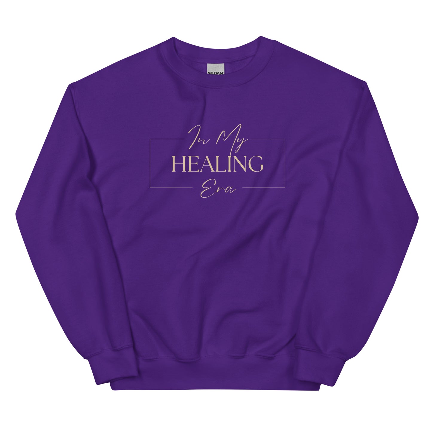 In My Healing Era Sweatshirt in deep purple with beige lettering, a bold and cozy pullover for self-love and personal transformation.