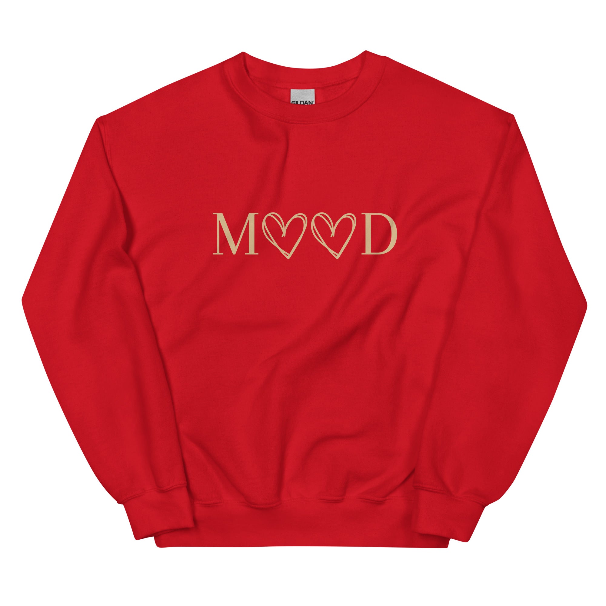 MOOD Self-Love Sweatshirt in bold red with beige lettering, a striking pullover for those wearing their self-love proudly.