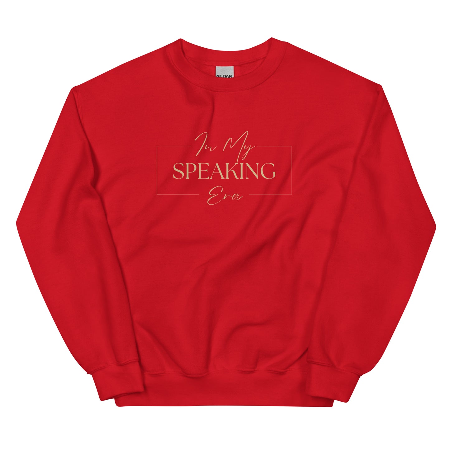 In My Speaking Era Sweatshirt in bold red with beige lettering, a powerful statement piece for those commanding attention with their words.