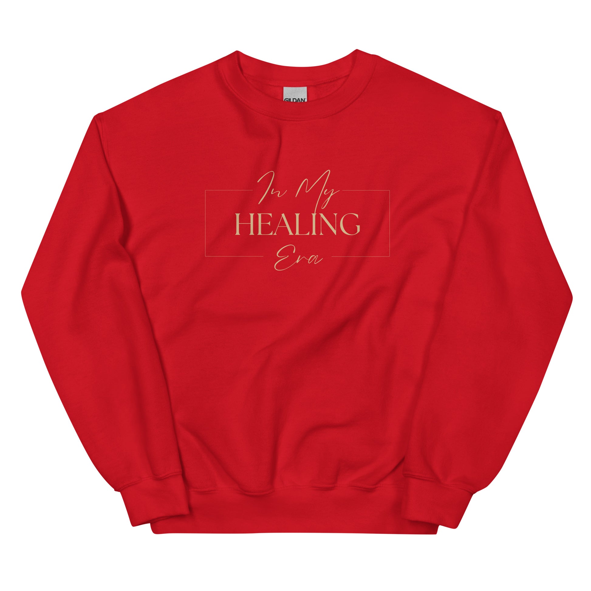 In My Healing Era Sweatshirt in bold red with beige lettering, a powerful statement piece for healing and self-care.