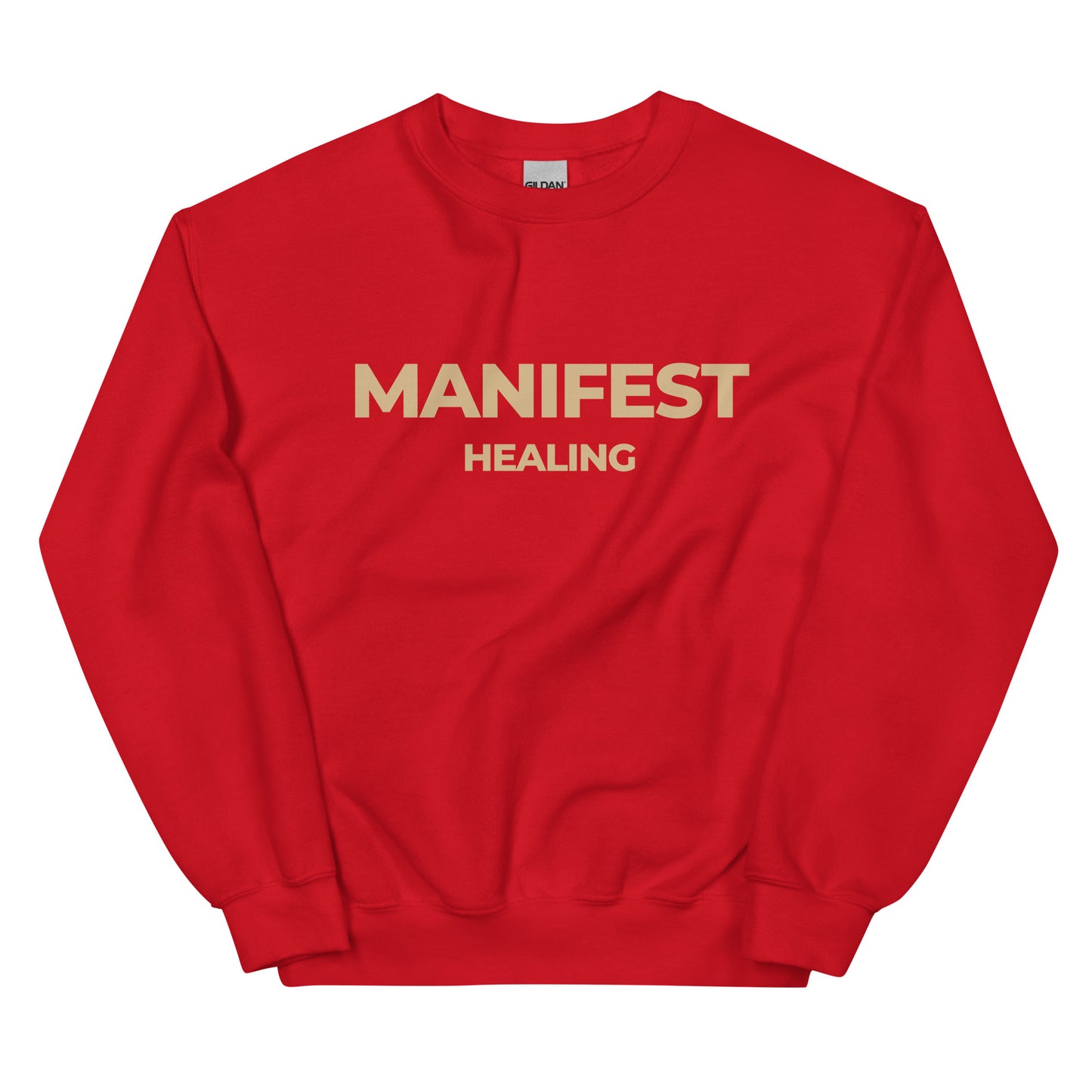 Manifest Healing Sweatshirt in bold red with beige lettering, designed for confidence, healing, and empowerment.