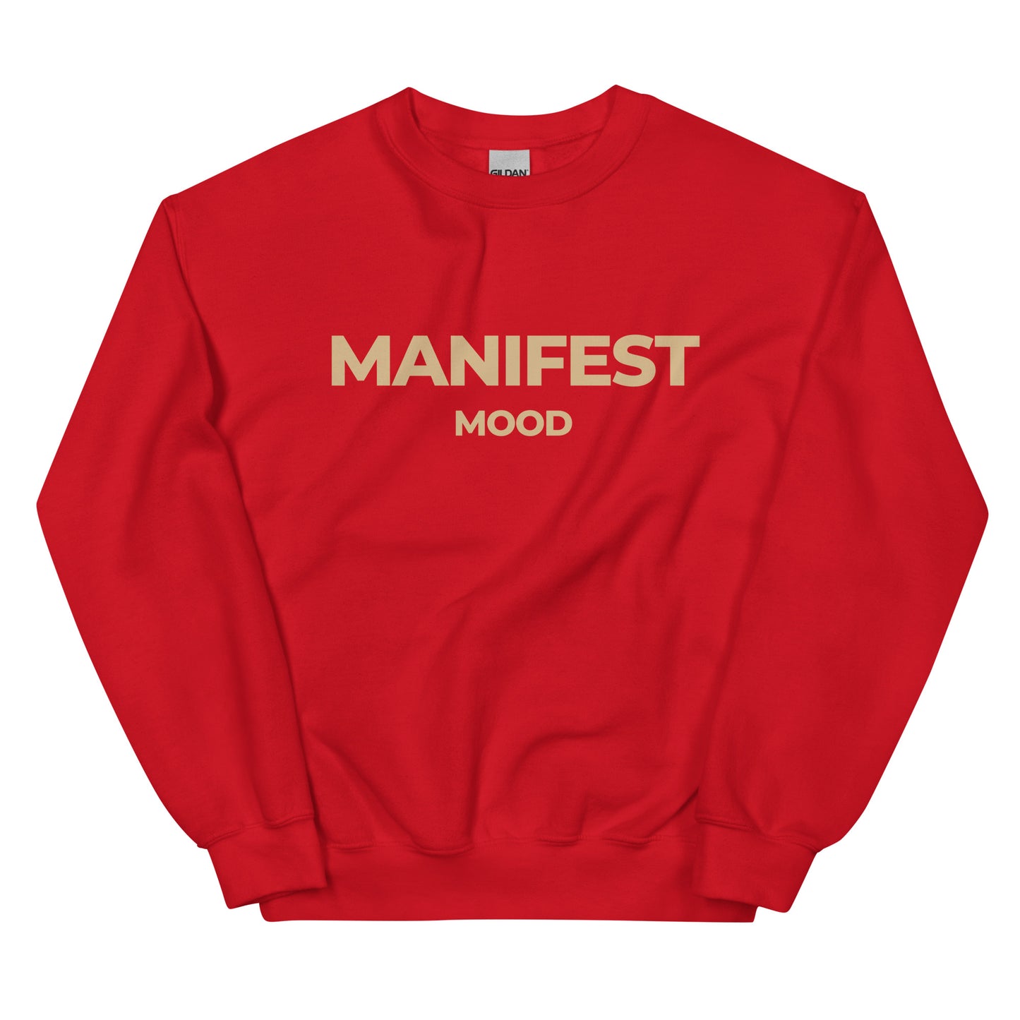 Manifest Mood T-Shirt in bold red with beige lettering, a powerful statement tee for confident dreamers and manifestors.