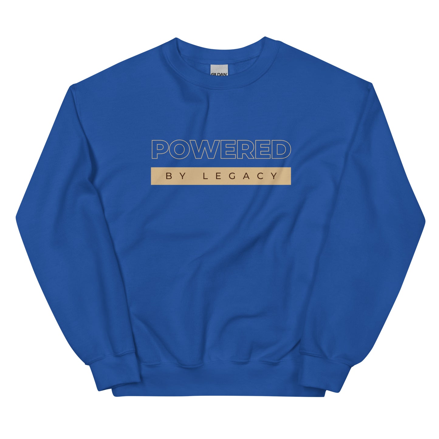 Powered by Legacy Sweatshirt in royal blue with beige lettering, a stylish and cozy pullover for those focused on impact and success.