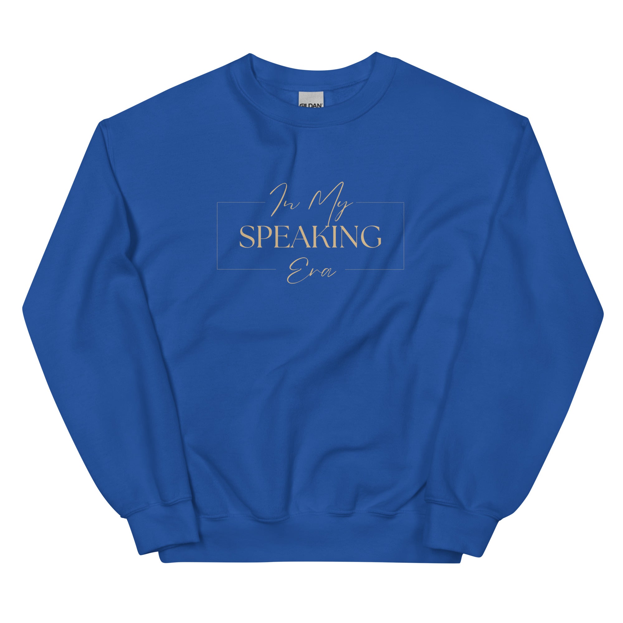 In My Speaking Era Sweatshirt in royal blue with beige lettering, a stylish and cozy pullover for professionals and leaders.