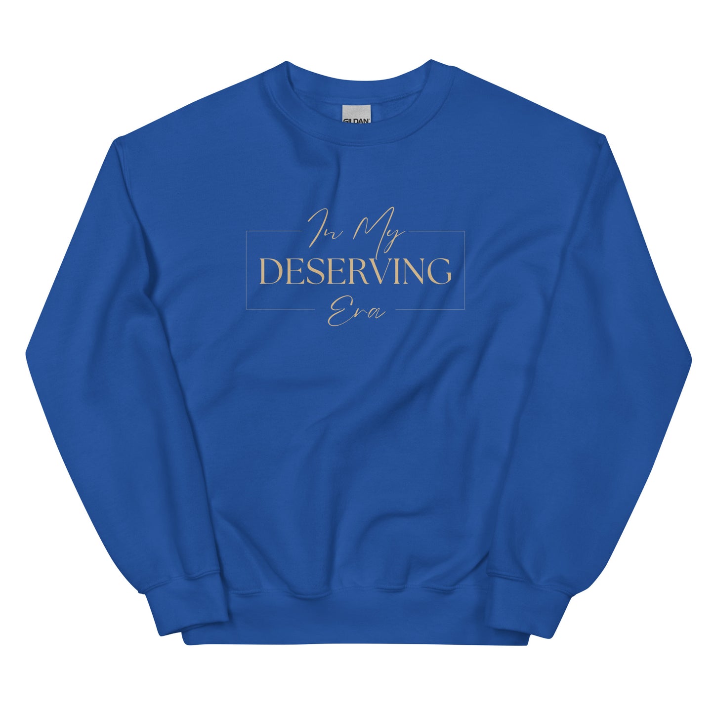 In My Deserving Era Sweatshirt in royal blue with beige lettering, a stylish and cozy pullover for those embracing their worth.