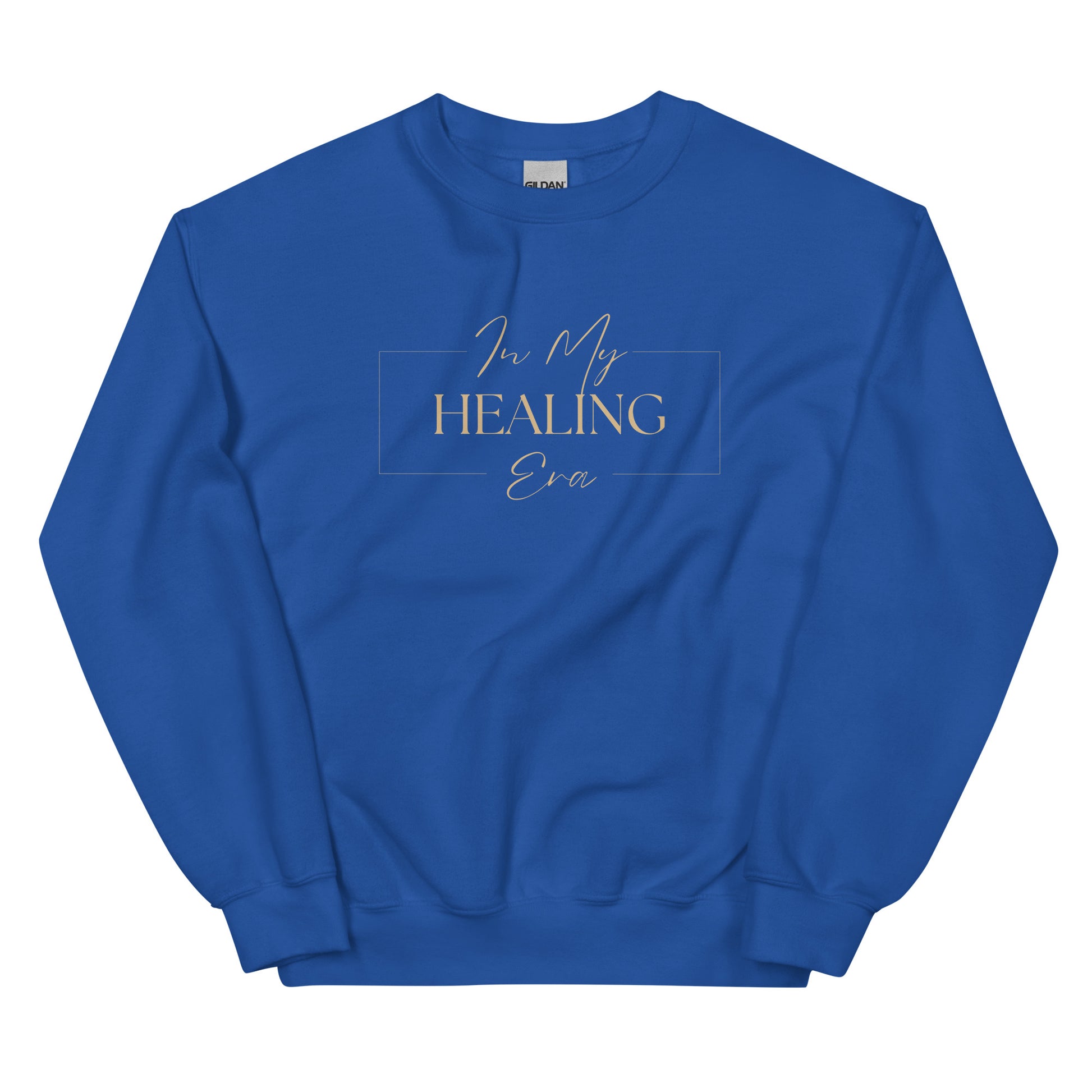 In My Healing Era Sweatshirt in royal blue with beige lettering, a stylish and cozy pullover for visionaries and healers