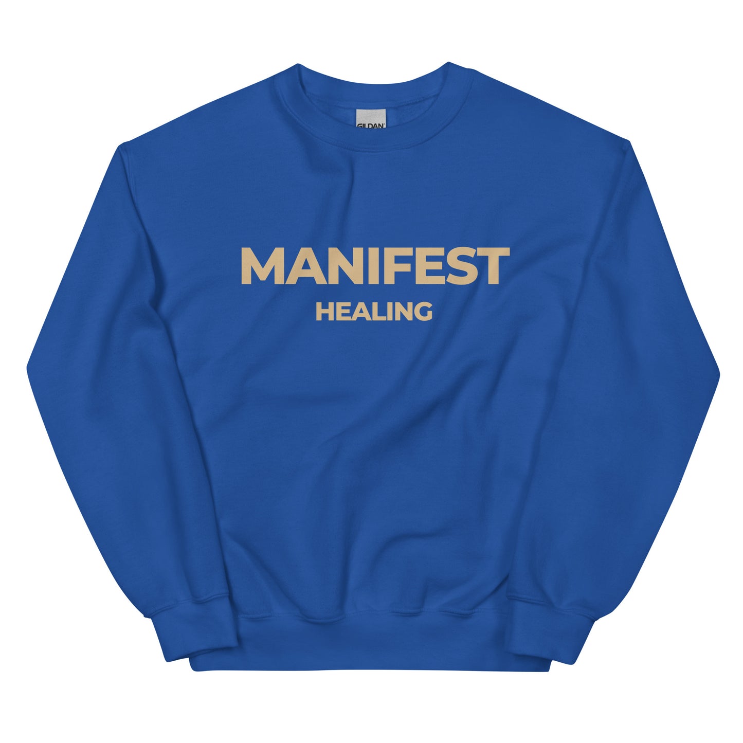 Manifest Healing Sweatshirt in royal blue with beige lettering, a cozy pullover for visionaries and manifestors.