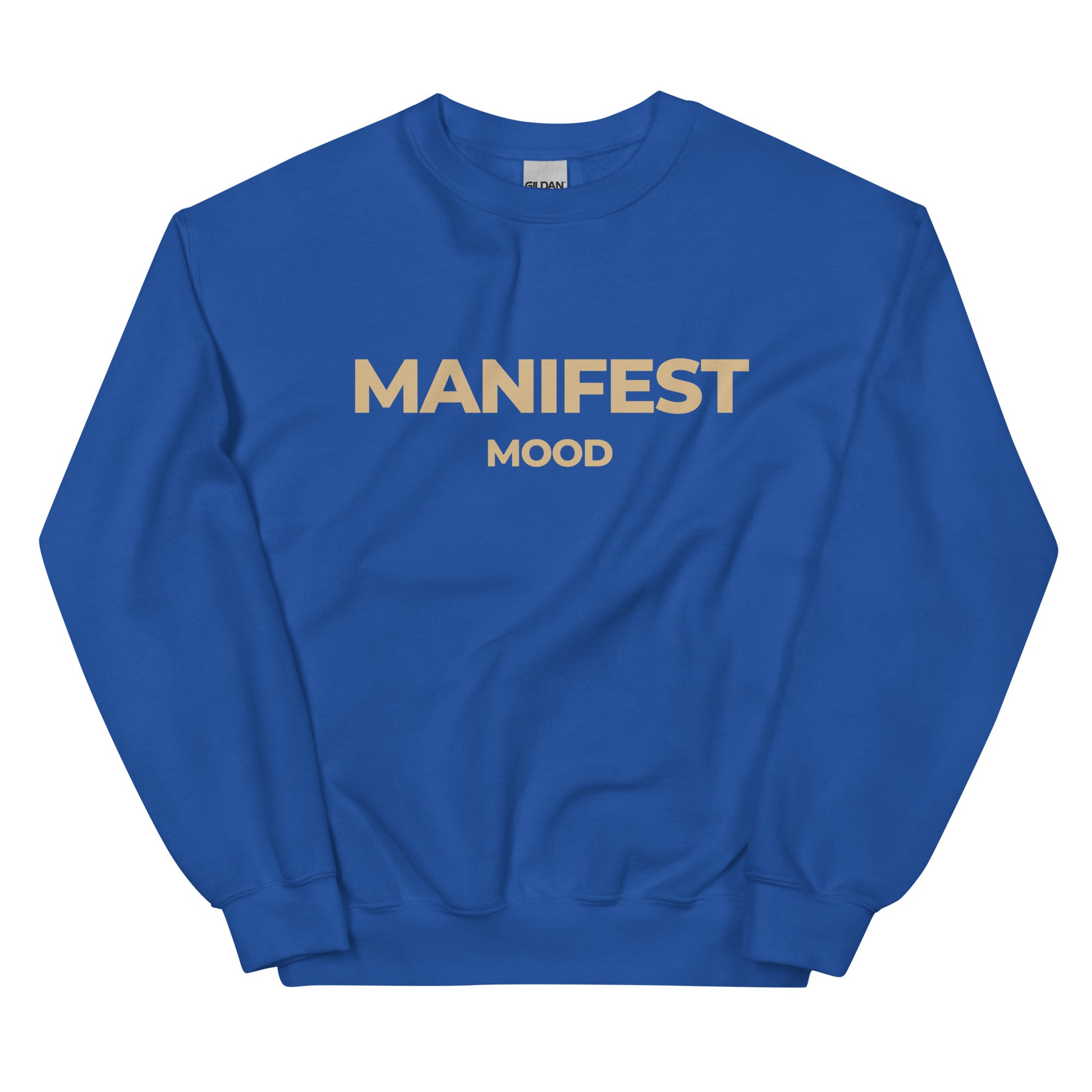 Manifest Mood T-Shirt in royal blue with beige lettering, a fashionable and inspiring tee for those focused on success and intention.